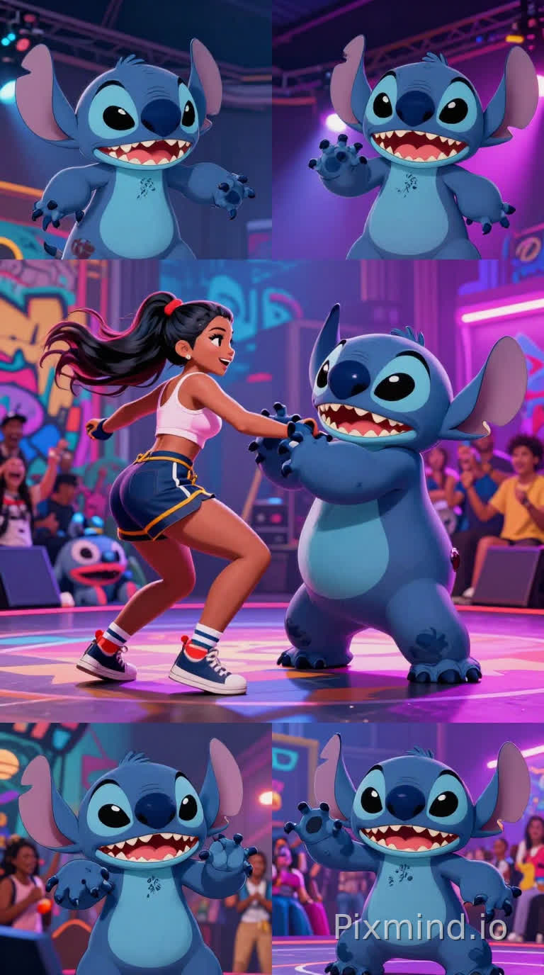 A humanoid female stitch She has a unique body with a huge butt.. in stylish streetwear steps into a neon-lit urban dance stage to battle another breakdancing male stitch He is fat and has a large belly. As the rai algeria track kicks in, the two stitchs start a wild dance-off—spinning, locking, popping, and head-spinning in sync with the beat. The music directly drives their movement, with every bass hit triggering exaggerated, stylized animation. During beat drops, the camera cuts to slow-motion close-ups: fur sways mid-spin, claws strike poses, eyes focused with intensity. The environment is full of urban flavor: graffiti walls, flashing lights, and a crowd of other animals cheering wildly. It's hilarious, dynamic, and full of dance battle energy—like algeria rai dance, but with stitchs.