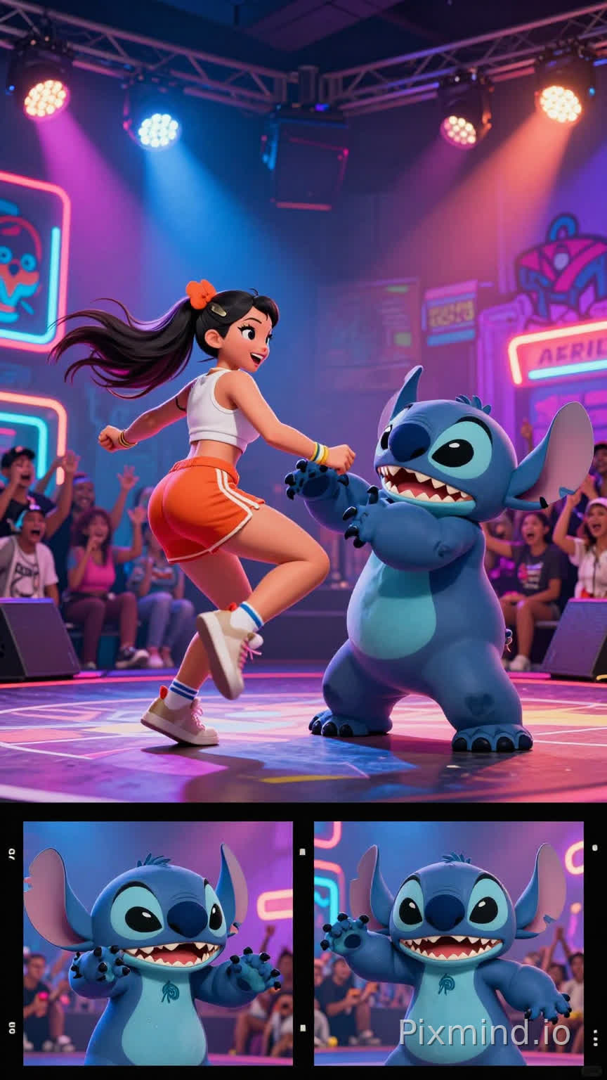A humanoid female stitch She has a unique body with a huge butt.. in stylish streetwear steps into a neon-lit urban dance stage to battle another breakdancing male stitch He is fat and has a large belly. As the rai algeria track kicks in, the two stitchs start a wild dance-off—spinning, locking, popping, and head-spinning in sync with the beat. The music directly drives their movement, with every bass hit triggering exaggerated, stylized animation. During beat drops, the camera cuts to slow-motion close-ups: fur sways mid-spin, claws strike poses, eyes focused with intensity. The environment is full of urban flavor: graffiti walls, flashing lights, and a crowd of other animals cheering wildly. It's hilarious, dynamic, and full of dance battle energy—like algeria rai dance, but with stitchs.