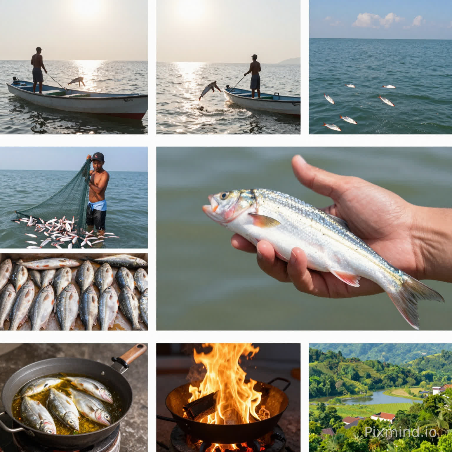 Make me a professional video according to the arrangement of the photos I shared. In the first photo, it's a fisherman in his boat. Do it in the same motion at first, and for two seconds, turn your back to the sea, and the boat moves in the sea and the sun shines. Then move on to the second photo. It's the fish in the boat. Make them jump. In the third photo, it's the fisherman carrying the net from the sea full of moving fish. And the fourth photo is more fish moving with the sea in the background. The fifth photo is the clean fish. Make it look like the hand holding it is an unopened fish at first. Then the hand opens it and it looks clean like in the photo. The sixth photo is the fish arranged in the fish shop in Veterinaria. The seventh photo is a wood fire. Then you'll see the eighth photo where the fish are in the oil in the pot over this fire. And the last photo shows that it's in nature, as if the fish are being fried in the beautiful green landscape.