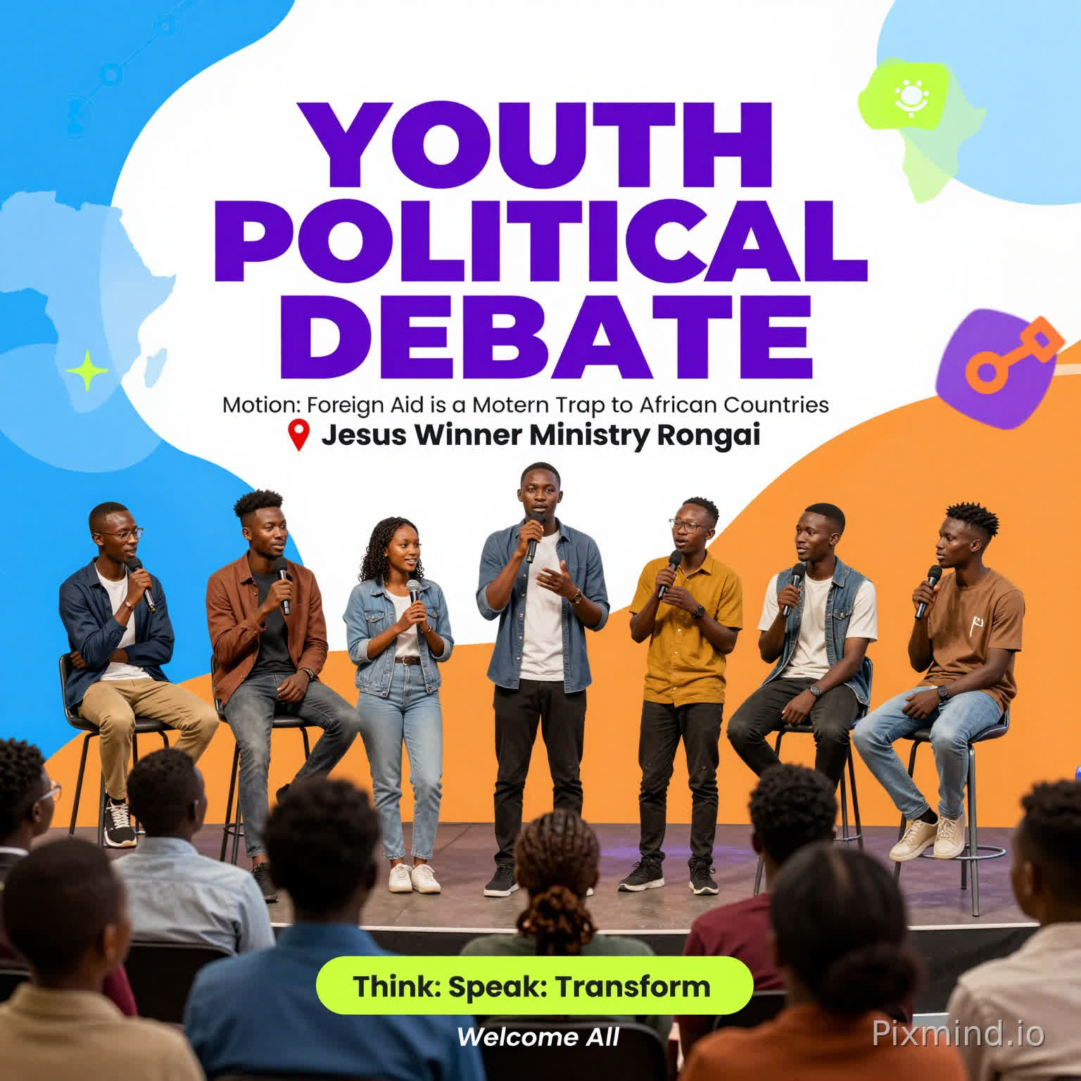 Prompt:
“A vibrant youth debate poster with bold, modern African design. Bright youthful colors (electric blue, purple, orange, neon accents). A diverse group of African youth passionately debating on a stage, with microphones and an engaged audience. In the background, subtle elements like African maps, currency symbols, and global connections to represent foreign aid.
Text on poster: ‘YOUTH POLITICAL DEBATE’ Motion: Foreign Aid is a Modern Trap to African Countries 📍 Jesus Winner Ministry Rongai
📅 Friday 17th April
Tagline: Think. Speak. Transform.
Footer: Welcome All