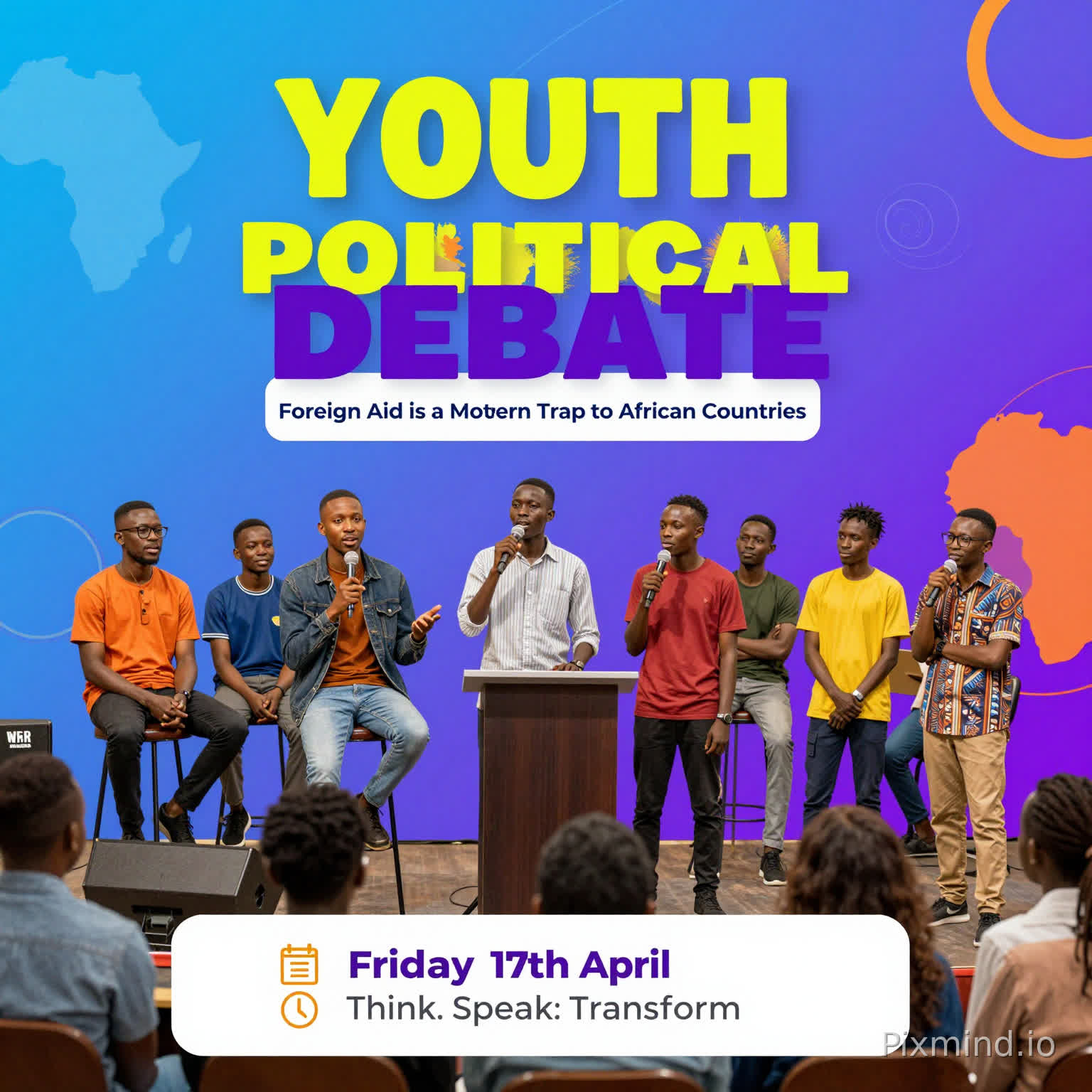 Prompt:
“A vibrant youth debate poster with bold, modern African design. Bright youthful colors (electric blue, purple, orange, neon accents). A diverse group of African youth passionately debating on a stage, with microphones and an engaged audience. In the background, subtle elements like African maps, currency symbols, and global connections to represent foreign aid.
Text on poster: ‘YOUTH POLITICAL DEBATE’ Motion: Foreign Aid is a Modern Trap to African Countries 📍 Jesus Winner Ministry Rongai
📅 Friday 17th April
Tagline: Think. Speak. Transform.
Footer: Welcome All