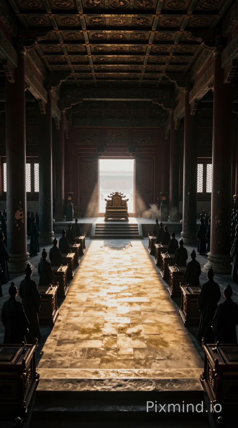 帮我生成图片:正向提示词
9:16 竖屏,电影级画面,张艺谋风格,古代皇宫大殿空镜。宏大朝堂呈回字形对称结构,殿顶藻井盘龙纹若隐若现。画面最前景设置多级宽阔台阶,龙椅安放在该台阶最高处;台阶下方是群臣站立的区域,龙椅背对殿门、面向镜头。殿门位于画面深处,是唯一光源。阳光从殿门劈入,在金砖地面切割出一条贯穿大殿的亮光带,仅光带区域明亮,台阶下及殿内其余区域为深邃暗调。两侧是群臣空置站位的对称方形阴影,案几上斜倚着朝笏,木纹被光线勾勒出立体感。墨色殿柱对称排列在光带两侧,柱身斑驳漆皮在高对比光影下呈现明暗交错纹理。广角镜头从原殿门方向(画面深处)向前景龙椅推进,殿内空无一人,只有风卷着细碎尘埃在光带中浮动。8K 超高清,细节丰富,高对比光影,强烈纵深感,对称构图,电影质感。
反向提示词
龙椅在画面深处 / 殿门口,龙椅与殿门在同一位置,龙椅朝向殿门,台阶位于画面深处,画面整体过亮 / 过暗,透视错误,构图杂乱,人物出现,现代元素,多余物体,变形扭曲,低分辨率,模糊。
