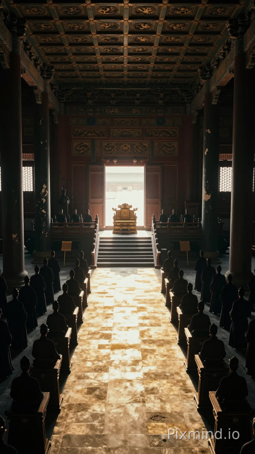 正向提示词
9:16 竖屏,电影级画面,张艺谋风格,古代皇宫大殿空镜。宏大朝堂呈回字形对称结构,殿顶藻井盘龙纹若隐若现。广角镜头从殿门方向向龙椅推进,龙椅安放在多级宽阔台阶最高处,龙椅正后方为与大殿风格统一的厚重宫墙,墙面庄重大气,与整体朝堂风格协调。台阶下方是群臣站立的区域,龙椅背对殿门、面向镜头。阳光从殿门劈入,在金砖地面切割出一条贯穿大殿的亮光带,仅光带区域明亮,台阶下及殿内其余区域为深邃暗调。两侧是群臣空置站位的对称方形阴影,案几上斜倚着朝笏,木纹被光线勾勒出立体感。墨色殿柱对称排列在光带两侧,柱身斑驳漆皮在高对比光影下呈现明暗交错纹理。殿内空无一人,只有风卷着细碎尘埃在光带中浮动。8K 超高清,细节丰富,高对比光影,强烈纵深感,对称构图,电影质感。
反向提示词
龙椅在殿门口,龙椅与殿门在同一位置,画面整体过亮,画面整体过暗,透视错误,构图杂乱,人物出现,现代元素,多余物体,变形扭曲,低分辨率,模糊