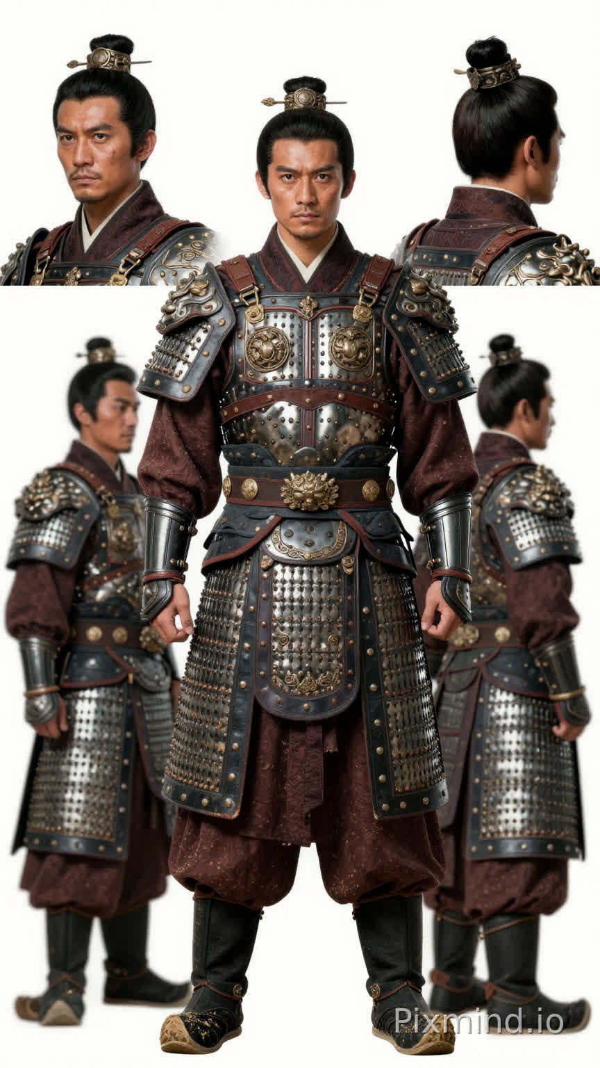 生成角色多视图(正视,侧视,后视,半身特写),男,28岁,身高1米80,体重75公斤,虎背熊腰。面容黝黑刚毅,眼神坚毅,眼角带着几道细纹,黑色束发利落地束起。身穿身着华丽精美铠甲的明朝大将戚继光,铠甲闪烁着金属的光泽,其上的纹路清晰且富有质感,身姿挺拔,目光坚毅。穿着一双厚重的黑色高筒战靴,靴面沾着黄沙。尽显武将风范。中国明代中期真实人物肖像,写实风格,布料自然垂坠,低饱和配色,面部柔和自然,无现代妆容,柔和自然光,8K,胶片质感,细节真实,无 cos 感,非影楼风格,背景纯白色。