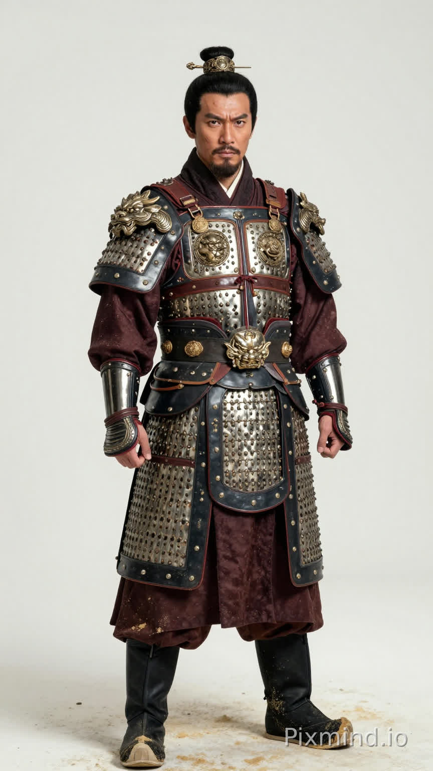 生成角色多视图(正视),男,28岁,身高1米80,体重75公斤,虎背熊腰。面容黝黑刚毅,眼神坚毅,眼角带着几道细纹,黑色束发利落地束起。身穿身着华丽精美铠甲的明朝大将戚继光,铠甲闪烁着金属的光泽,其上的纹路清晰且富有质感,身姿挺拔,目光坚毅。穿着一双厚重的黑色高筒战靴,靴面沾着黄沙。尽显武将风范。中国明代中期真实人物肖像,写实风格,布料自然垂坠,低饱和配色,面部柔和自然,无现代妆容,柔和自然光,8K,胶片质感,细节真实,无 cos 感,非影楼风格,背景纯白色。