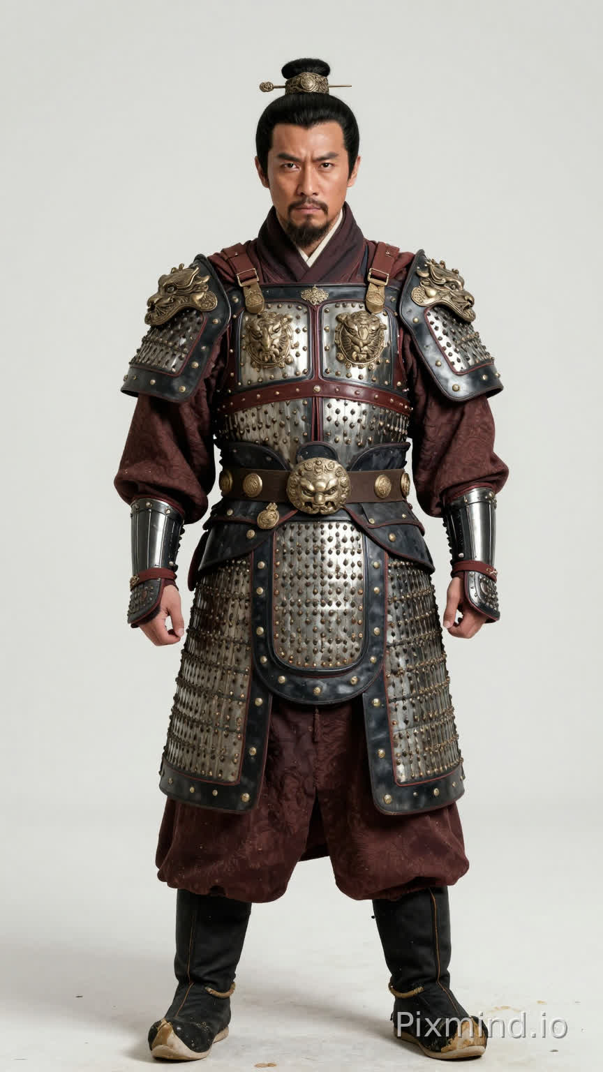 生成角色多视图(正视),男,28岁,身高1米80,体重75公斤,虎背熊腰。面容黝黑刚毅,眼神坚毅,眼角带着几道细纹,黑色束发利落地束起。身穿身着华丽精美铠甲的明朝大将戚继光,铠甲闪烁着金属的光泽,其上的纹路清晰且富有质感,身姿挺拔,目光坚毅。穿着一双厚重的黑色高筒战靴,靴面沾着黄沙。尽显武将风范。中国明代中期真实人物肖像,写实风格,布料自然垂坠,低饱和配色,面部柔和自然,无现代妆容,柔和自然光,8K,胶片质感,细节真实,无 cos 感,非影楼风格,背景纯白色。正面站姿正视图