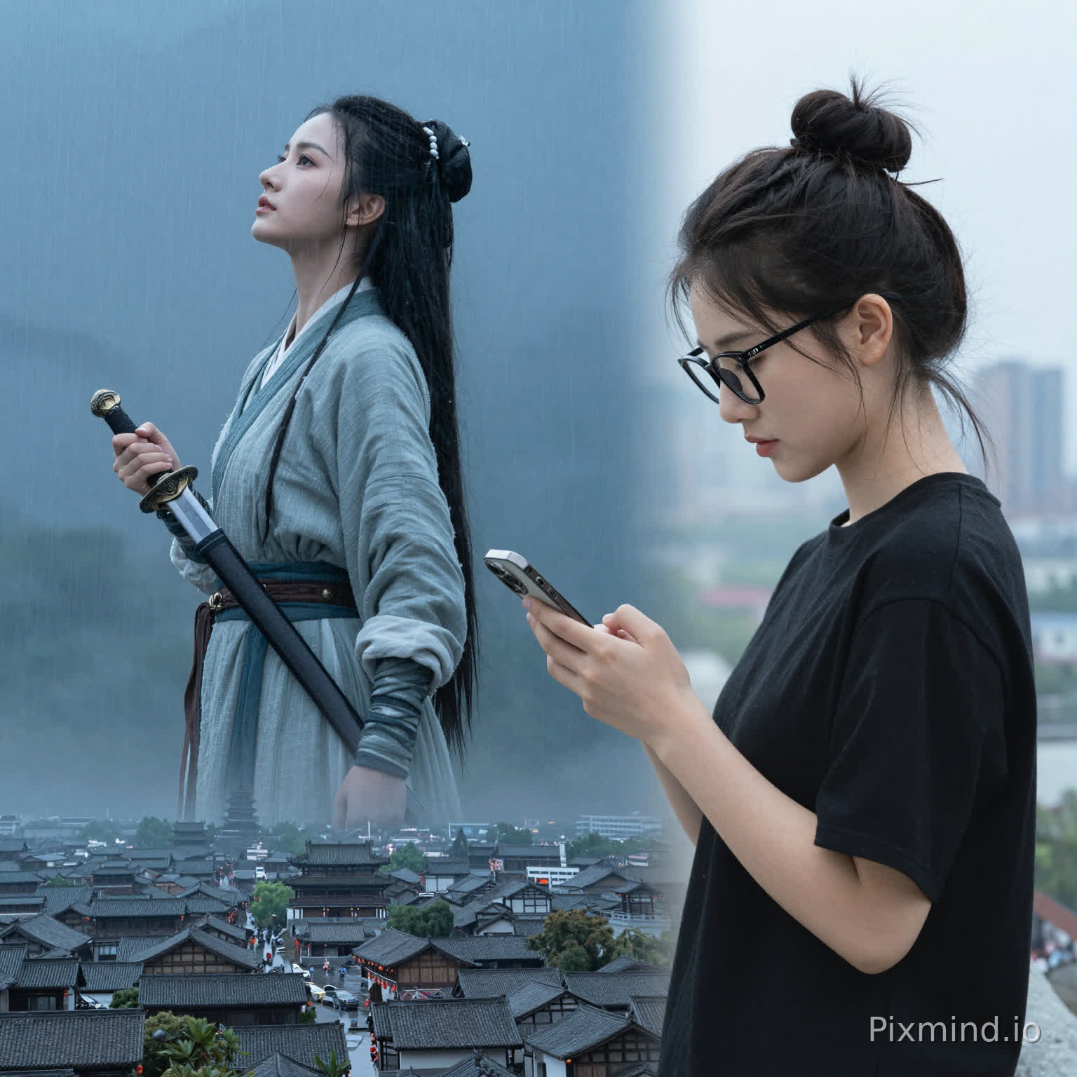 帮我做一张横板大宣传图,内容为从中间分开左边为古装女侠侧身全局,仰着头眼神略带江湖气,手中握着短剑于胸前,背景为冷蓝色,雨落下的瞬间底部为鸟勘古城镇全景,右边为现代女生侧身全局(20岁,面容姣好,瓜子脸,扎着丸子头戴一副黑框眼镜低着头,手机拿着智能手机),要求背景色与左边冷蓝色形成和谐感,画面是晴天,高楼大厦,车水马龙和左边肃杀画面形成强烈对比