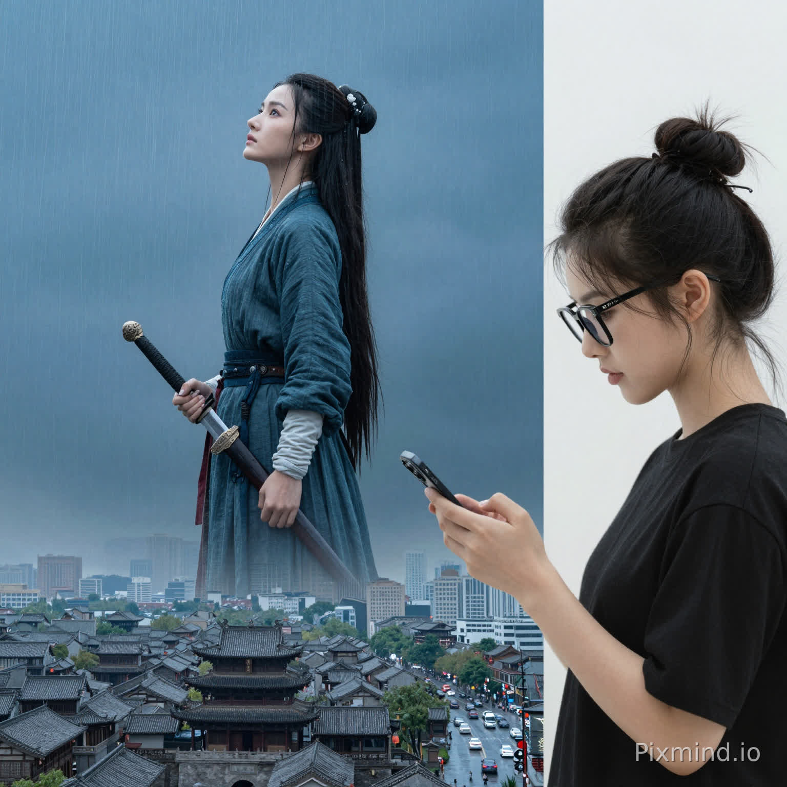 帮我做一张横板大宣传图,内容为从中间分开左边为古装女侠侧身全局,仰着头眼神略带江湖气,手中握着短剑于胸前,背景为冷蓝色,雨落下的瞬间底部为鸟勘古城镇全景,右边为现代女生侧身全局(20岁,面容姣好,瓜子脸,扎着丸子头戴一副黑框眼镜低着头,手机拿着智能手机),要求背景色与左边冷蓝色形成和谐感,画面是晴天,高楼大厦,车水马龙和左边肃杀画面形成强烈对比
