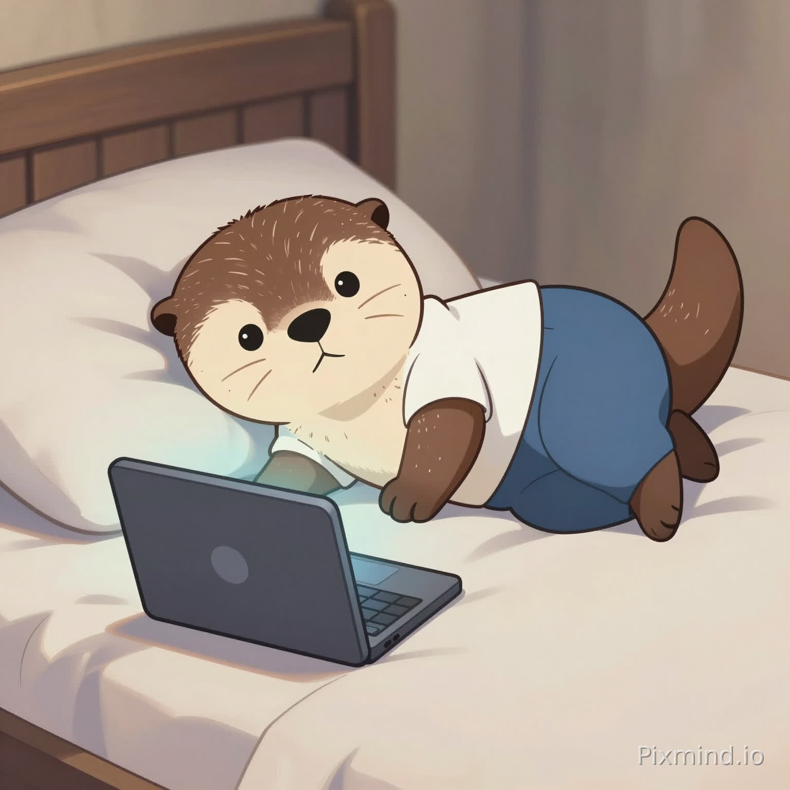 An Anthropomorphic Female Otter Wearing White Shirt & Blue Pants Lying Down On The Bed Looking At The Screen As She's Falling In Love.
