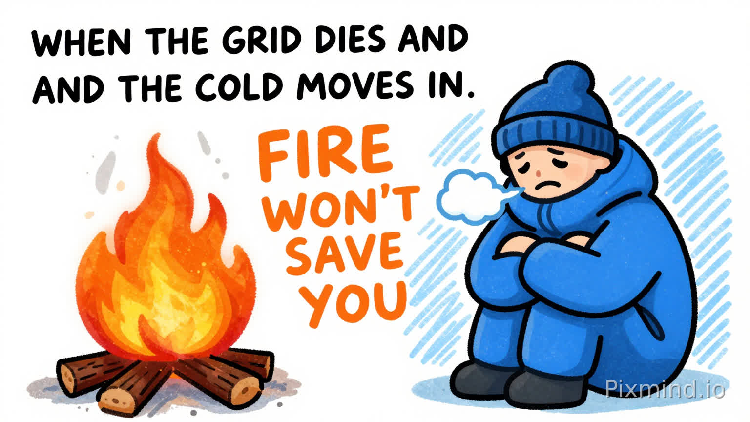 A hand-drawn meme illustration on white background featuring stark visual contrast between warmth and cold. On the left side, a vibrant campfire rendered in bold orange and yellow flames with red-orange gradient, wisps of gray smoke curling upward, sitting atop charcoal-black logs sketched with rough strokes. On the right side, a figure bundled in oversized blue winter clothing, wearing a thick blue hoodie and matching beanie, arms crossed tightly against their chest in a shivering pose. The figure has a simplified cartoon face with downturned mouth, closed eyes, and puffed white breath clouds visible near their face, expressing extreme cold and misery. The blue figure is surrounded by diagonal hatched blue lines creating a cold atmosphere backdrop. At the top, bold hand-lettered text in black uppercase reads "WHEN THE GRID DIES AND THE COLD MOVES IN" in casual marker-style font. Below this, prominent orange text in rough hand-drawn letters states "FIRE WON'T SAVE YOU" with intentionally imperfect edges and texture. The illustration style uses marker or crayon-like strokes with visible texture, creating a sketch-quality aesthetic. The composition divides the image vertically, warm fire occupying the left third, cold figure dominating the right two-thirds. Color palette limited to black text, vivid orange-red-yellow fire tones, deep blues for winter clothing and cold atmosphere, gray smoke accents, and clean white background. The mood combines dark humor with survival irony, presenting a simplified visual commentary on preparedness. Flat perspective, amateur hand-drawn quality, meme format with text-heavy layout typical of internet humor graphics.