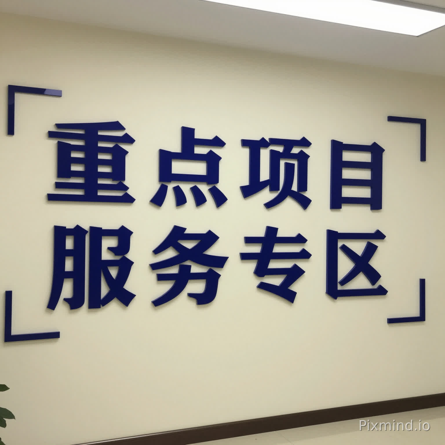 文字:重点项目服务专区,设计一个背景墙,适当加个装饰,这是政务服务中心的,要端重,颜色要深蓝色,装饰可以适当在四周加一些,它原有的背景是米黄色,我只要做字上去,做亚克力材质的,字放在一排,增加一点好看的装饰