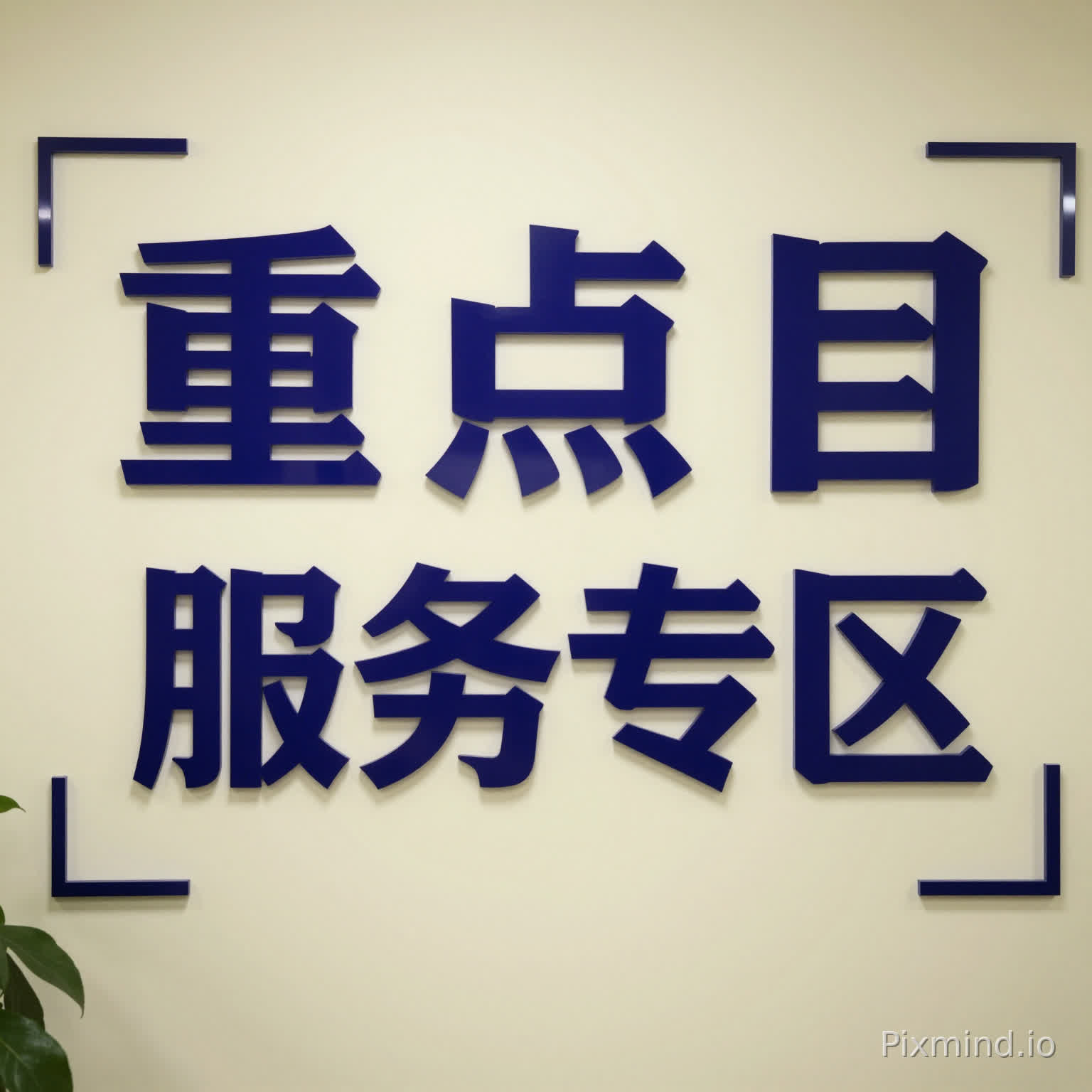 文字:重点项目服务专区,设计一个背景墙,适当加个装饰,这是政务服务中心的,要端重,颜色要深蓝色,装饰可以适当在四周加一些,它原有的背景是米黄色,我只要做字上去,做亚克力材质的,字放在一排,增加一点好看的装饰