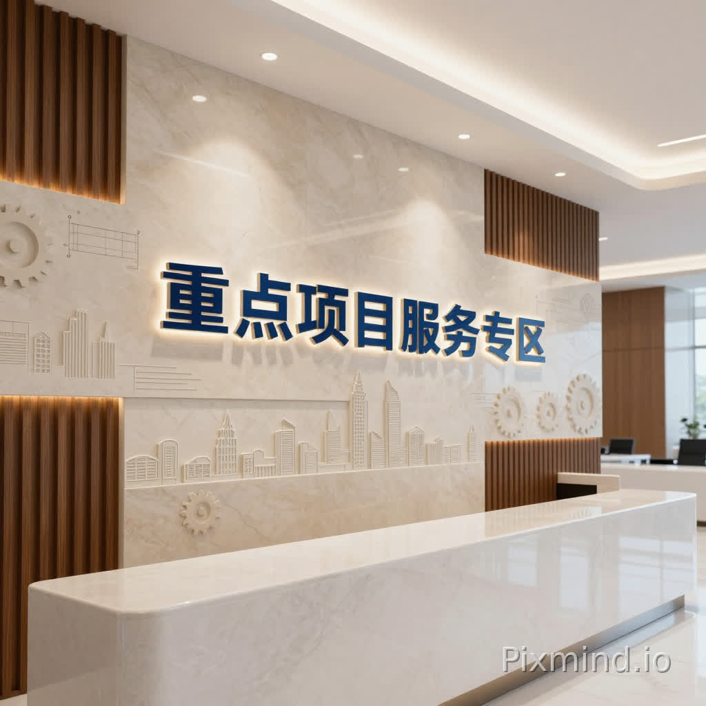 一张极具现代感与专业氛围的政务服务中心室内设计实拍图。核心视觉焦点为全新设计的“重点项目服务专区”文化墙。墙面采用极简主义的模块化设计,由富有质感的浅米色磨砂大理石板材与深咖色实木格栅交错拼接,营造出沉稳且高级的层次感。墙面中心位置镶嵌着立体悬浮效果的拉丝金属字“重点项目服务专区”,字体呈现深邃的科技蓝色,边缘带有精致的隐藏式LED暖白色背光,使文字在视觉上脱颖而出。文化墙点缀有简约的城市建设天际线几何浮雕和抽象的齿轮与蓝图线条,象征着重点项目的稳步推进。
背景中的柜台采用流线型白色人造石材质,台面光洁如镜,反射出柔和的顶部射灯。室内光照采用明亮的自然散射光与精准的建筑线性灯光相结合,光影过渡自然,强调了材质的物理纹理。整体色彩以高级暖米色、专业科技蓝与自然木色为主基调,构图采用三分法,景深控制精准,前景清晰、背景适度虚化,展现出一种高效、透明、权威且温馨的现代化政务服务环境。大师级摄影作品,8k超高清,细节精妙绝伦,极致画质。