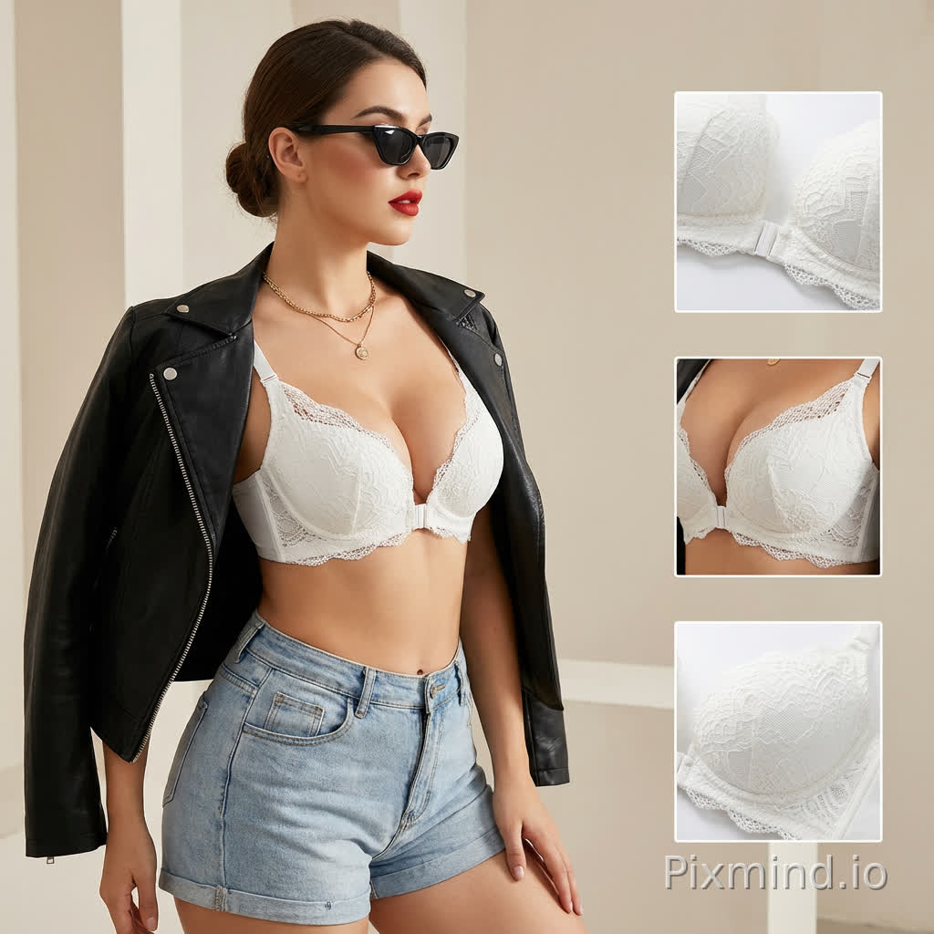 时尚产品广告场景,年轻女性模特自信展示白色蕾丝双层聚拢文胸(含可调节搭扣),搭配浅蓝色牛仔短裤与黑色皮夹克(肩披)。模特妆容精致(红唇、眼妆),戴黑色墨镜,低发髻配金色项链,侧身而立,姿态优雅,凸显文胸细节与设计。背景简洁,三小图分别展示文胸结构(可调节搭扣、聚拢效果、双层蕾丝设计),整体风格性感精致,现代时尚,温暖明亮光线,色彩柔和,突出产品的时尚感与实用性
模特胸部丰满,细腰,臀部丰满,姿势妖娆,展示曲线,传递高级精致的穿搭美学。图片超高清,突出产品细节