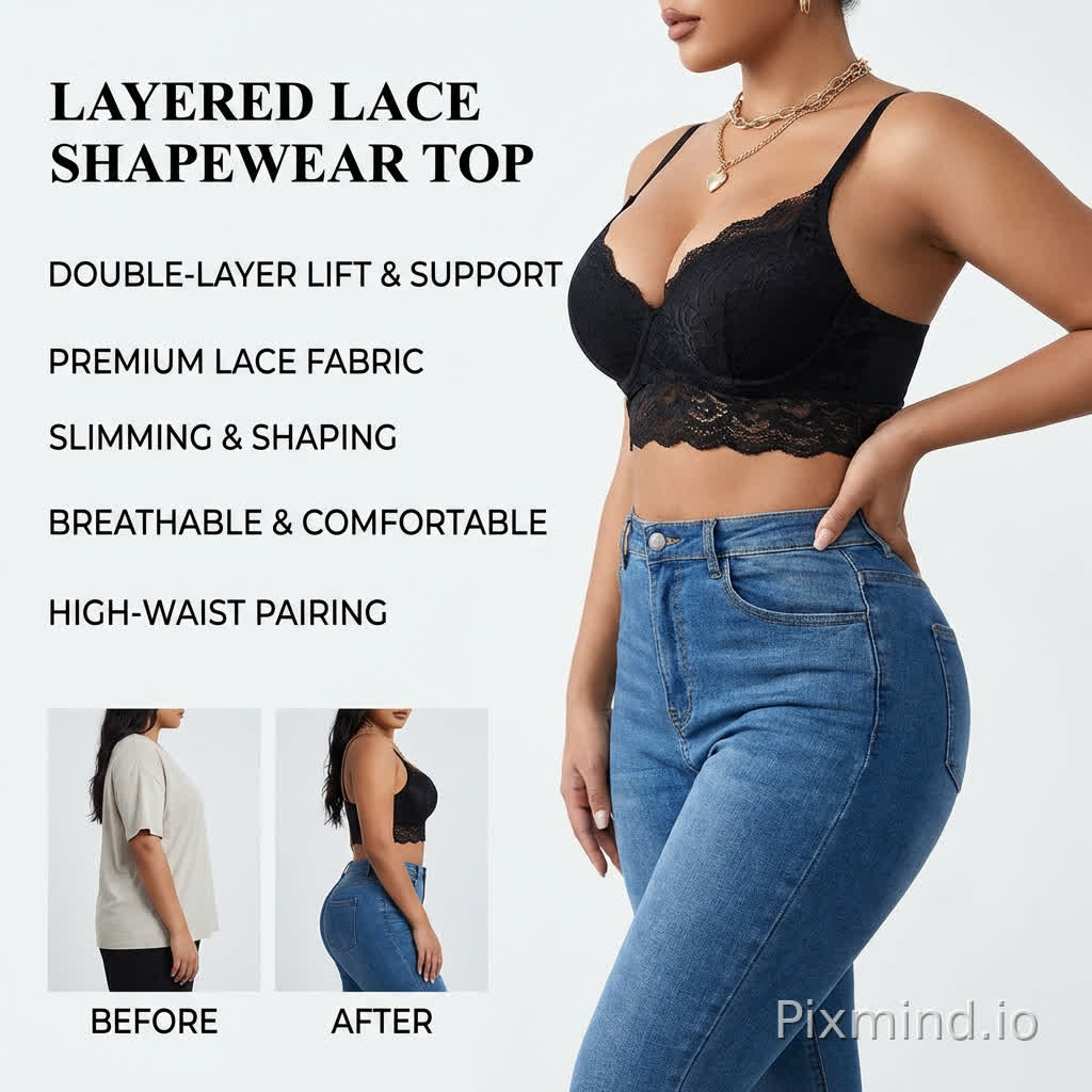 场景为简洁白色背景的产品宣传图,左侧以黑色字体标注“layered lace shapewear top”等产品特点,右侧是身着黑色蕾丝双层聚拢文胸的丰满女性模特,侧身站立,一手轻扶臀部牛仔裤,姿态自信优雅,搭配高腰修身蓝色牛仔裤;佩戴双层金色项链(粗链条+心形吊坠)。整体风格时尚性感,氛围精致优雅,充满高级感的室内时尚大片感。模特胸部丰满,细腰,臀部丰满,姿势妖娆,展示曲线,传递高级精致的穿搭美学。图片,下方“Before”“After”对比图展示身材变化。整体风格专业清晰,氛围自信优雅,强调产品的修身与设计感。