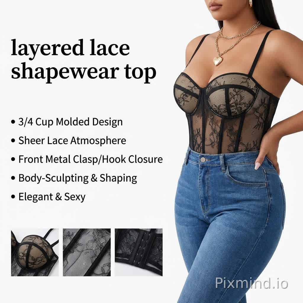 场景为简洁白色背景的产品宣传图,左侧以黑色字体标注“layered lace shapewear top”等产品特点,右侧是身着黑色蕾丝双层聚拢文胸的丰满女性模特,侧身站立,一手轻扶臀部牛仔裤,姿态自信优雅,搭配高腰修身蓝色牛仔裤;佩戴双层金色项链(粗链条+心形吊坠)。整体风格时尚性感,氛围精致优雅,充满高级感的室内时尚大片感。模特胸部丰满,细腰,臀部丰满,姿势妖娆,展示曲线,传递高级精致的穿搭美学。左下方三小图分别展示文胸结构( 3/4 杯模杯设计、透视蕾丝氛围感、前中金属按扣 / 排扣开合设计。整体风格专业清晰,氛围自信优雅,强调产品的修身与设计感。