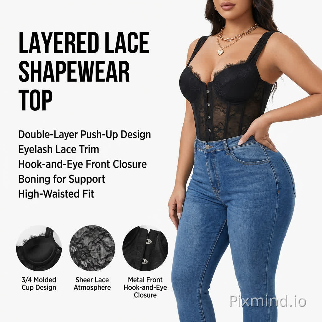 场景为简洁白色背景的产品宣传图,左侧以黑色字体标注“layered lace shapewear top”等产品特点,右侧是身着黑色蕾丝双层聚拢文胸的丰满女性模特,侧身站立,一手轻扶臀部牛仔裤,姿态自信优雅,搭配高腰修身蓝色牛仔裤;佩戴双层金色项链(粗链条+心形吊坠)。整体风格时尚性感,氛围精致优雅,充满高级感的室内时尚大片感。模特胸部丰满,细腰,臀部丰满,姿势妖娆,展示曲线,传递高级精致的穿搭美学。左下方三小图分别展示文胸结构(英文: 3/4 杯模杯设计、透视蕾丝氛围感、前中金属按扣 / 排扣开合设计)。整体风格专业清晰,氛围自信优雅,强调产品的修身与设计感。