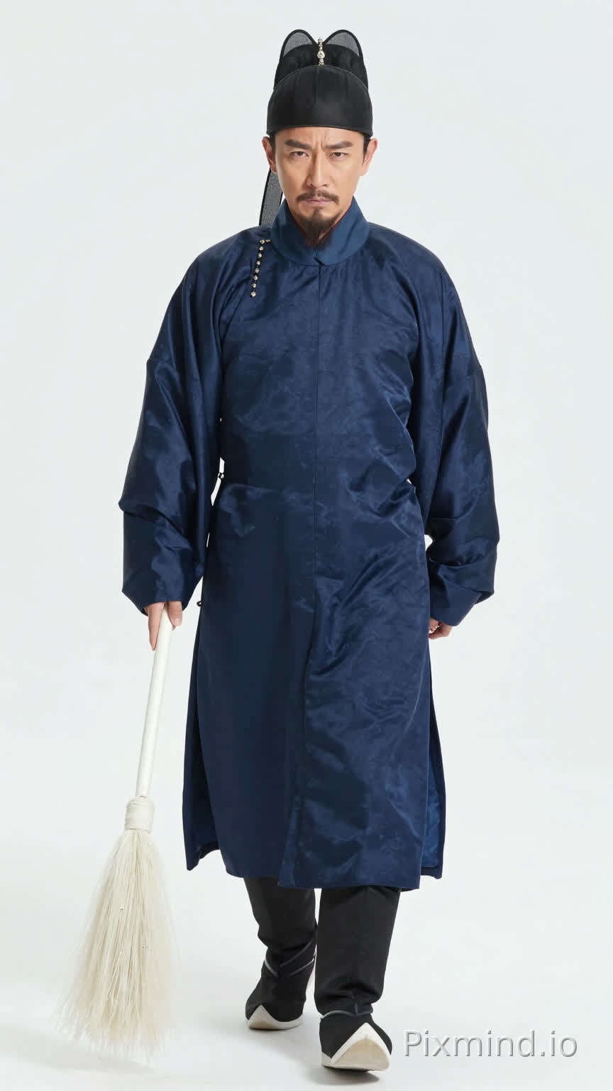 中国明朝,男,45岁,身高1米72,体重60公斤,面白无须,眼角下垂,神态谄媚又阴险,头上戴着一顶黑色太监帽。身穿深蓝色圆领太监服,衣袖宽大,手拿一柄白色拂尘,未戴任何肩章臂章。双腿未穿丝袜,双脚穿着一双黑色粉底宫靴,走路无声。整体给人一种深宫内院阴险狡诈的压抑感。白色背景,全身正面有鞋,正脸站姿图