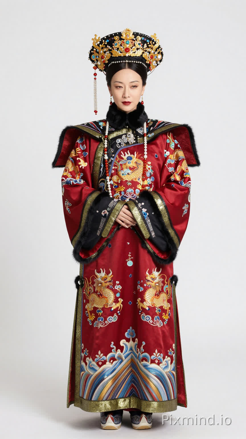 中国明朝,女,40岁,身高1米60,体重55公斤,风韵犹存,妆容精致浓艳,眼神精明。黑凤冠霞帔,螺钿、东珠、金饰,华丽又繁复。身披红色大氅,毛毛边,麒麟图案,佛珠挂链,眼睛半眯,腹黑。整体散发着高门继室的富贵与算计气息。白色背景,全身正面有鞋,正脸站姿图,人物靠近左边的位置进行生成