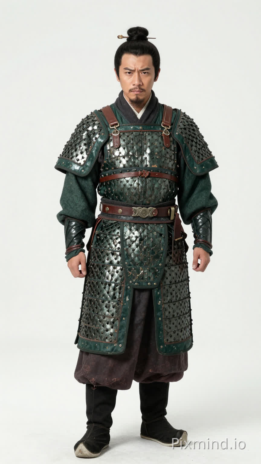 中国明朝,男,30岁,身高1米78,体重75公斤,长相普通,神色中常带着一丝无奈与油滑,黑色头发盘成发髻固定在头顶。身穿深绿色鱼鳞甲胄,甲片略显陈旧,腰间系着皮革宽带,双脚穿着一双黑色战靴,靴底磨损严重。给人一种市侩武将的滑稽感。中国明代中期真实人物肖像,写实风格,布料自然垂坠,低饱和配色,面部柔和自然,无现代妆容,柔和自然光,8K,胶片质感,细节真实,无 cos 感,非影楼风格,背景纯白色。白色背景,全身正面有鞋,正脸站姿图,人物是前进的步伐姿势的
