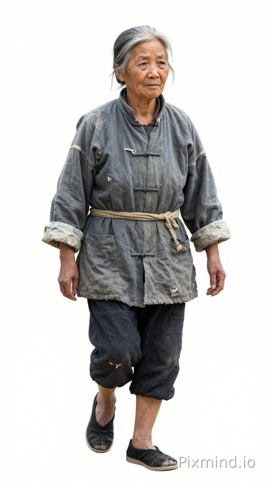 中国明朝,女,60岁,身高1米55,体重45公斤,满头银丝随意挽在脑后,面容慈祥却满是风霜刻下的皱纹,眼眶浑浊。身穿灰色粗布衣裳,衣角打满补丁,浆洗得发白,腰系一条旧布带。双腿未穿丝袜,双脚穿一双黑色破旧布鞋,鞋头微磨损。整体展现历经沧桑的母亲形象。白色背景,全身正面有鞋,正脸图,人物是前进的步伐姿势的