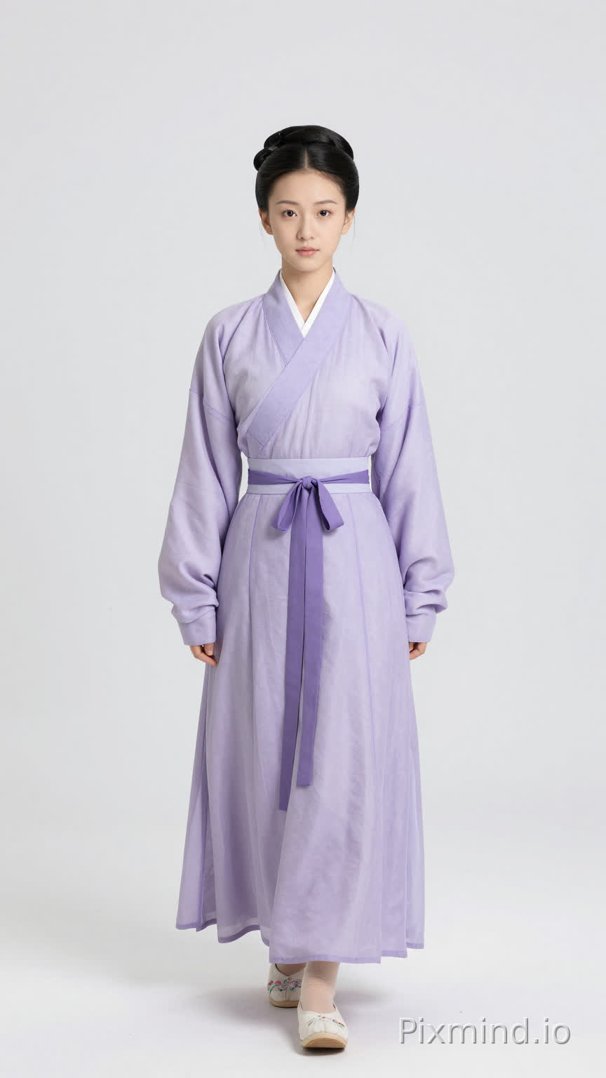 中国明朝,女,20岁,身高1米60,体重48公斤,容貌清秀端正,神色恭敬谨慎,黑色长发梳成规整的丫鬟髻,未戴多余首饰。身穿淡紫色交领对襟襦裙,衣料平整,腰间系着一条同色系的丝带,勾勒出纤细腰身。双腿未穿丝袜,双脚穿着一双浅色软底绣花布鞋。整体呈现出大户人家丫鬟的守矩。白色背景,全身正面有鞋,正脸站姿图,人物是前进的步伐姿势的,眼睛正面向前看
