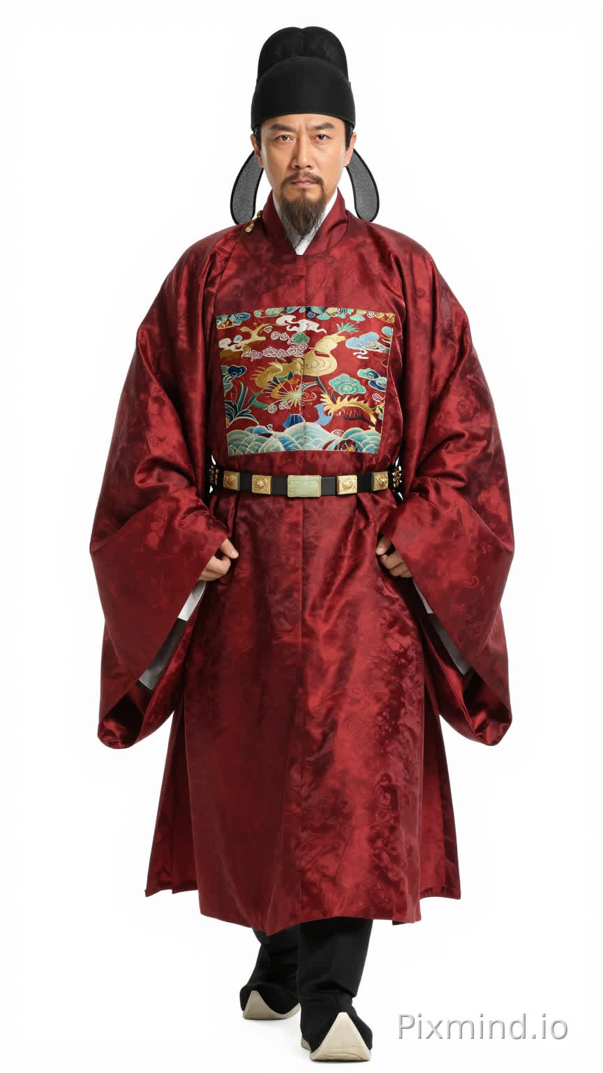 中国明朝,男,45岁,身高1米70,体重65公斤,面容严肃刻板,留有短须,黑色长发被乌纱帽整齐罩住。身穿深红色圆领宽大朝服,胸前有代表品级的补子图案,腰间系着镶玉腰带。未戴肩章臂章。双腿未穿丝袜,双脚穿着一双黑色厚底朝靴,步伐方正。整体散发着古代朝廷文官的威仪。白色背景,全身正面有鞋,正脸站姿图,人物是前进的步伐姿势的,眼睛正面向前看