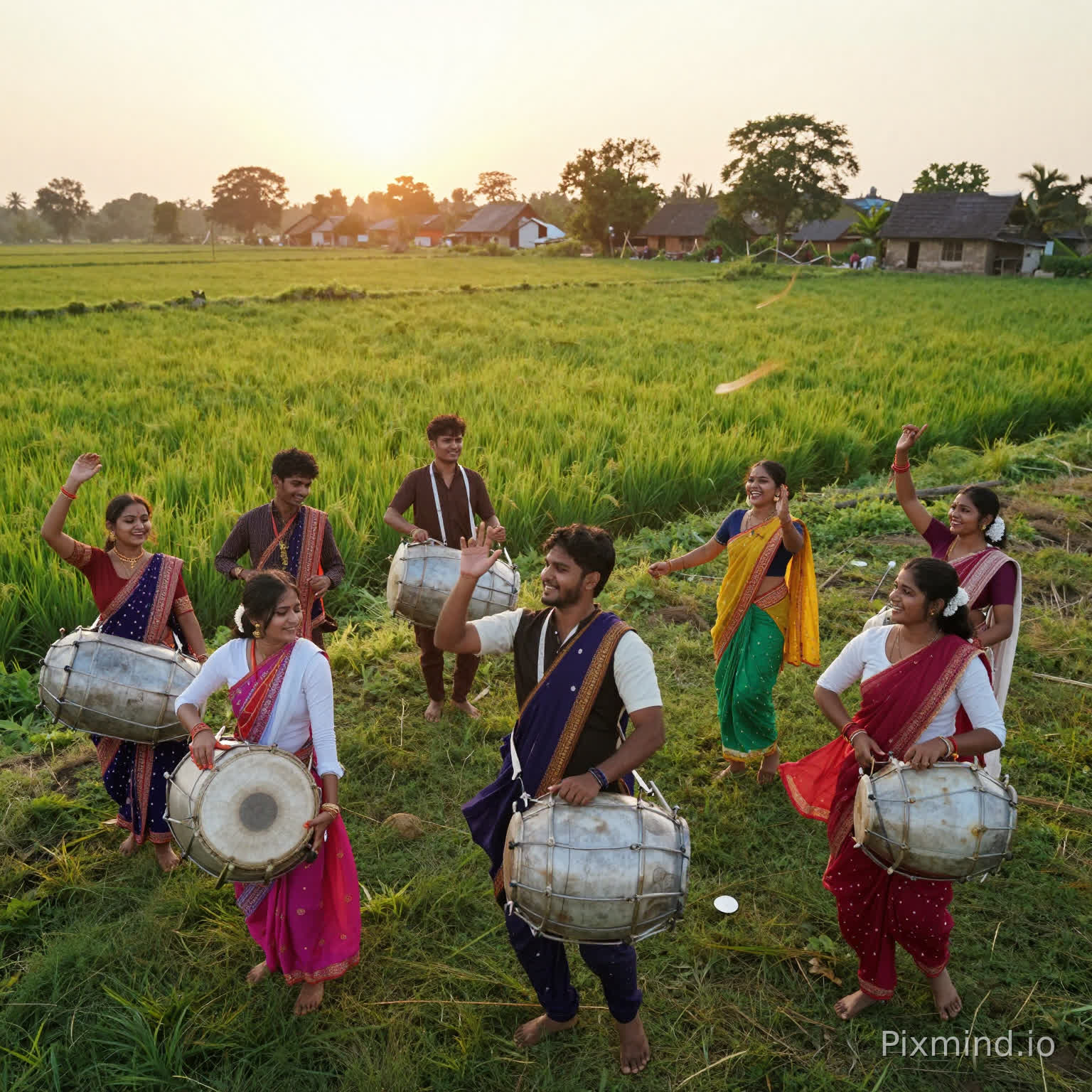 “Cinematic Assamese Bihu celebration inspired by Zubeen Garg music style, golden sunrise over lush green paddy fields in Assam, young men and women in traditional Bihu attire (mekhela chador, dhoti-gamosa) dancing joyfully, slow-motion shots of dhol, pepa, and taal instruments, vibrant colors, natural lighting, emotional storytelling, rural village setting, smiling faces, cultural pride, wind flowing through fields, festival atmosphere, ultra-realistic, 4K, cinematic camera movement, drone shots, warm tones, joyful and nostalgic mood”