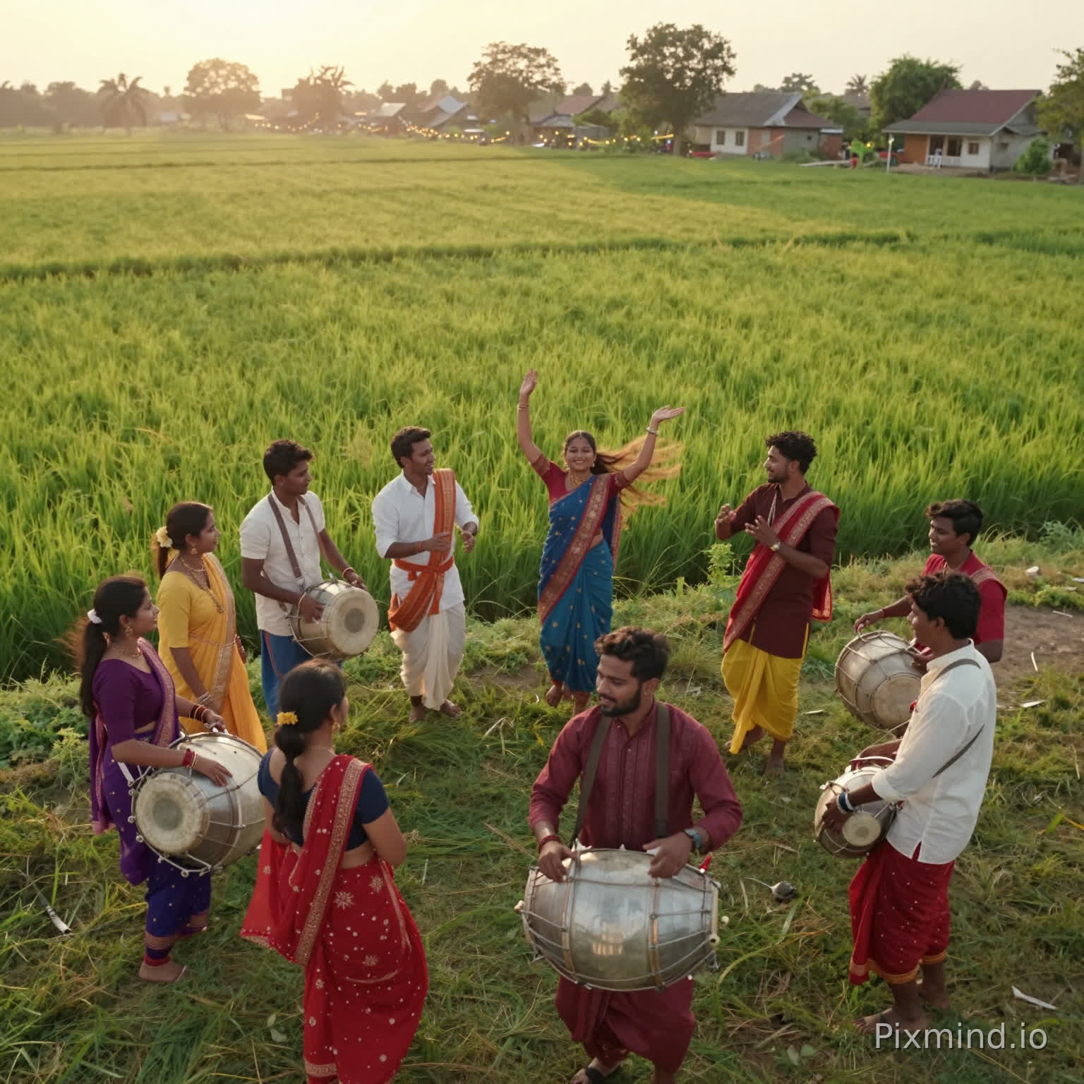 “Cinematic Assamese Bihu celebration inspired by Zubeen Garg music style, golden sunrise over lush green paddy fields in Assam, young men and women in traditional Bihu attire (mekhela chador, dhoti-gamosa) dancing joyfully, slow-motion shots of dhol, pepa, and taal instruments, vibrant colors, natural lighting, emotional storytelling, rural village setting, smiling faces, cultural pride, wind flowing through fields, festival atmosphere, ultra-realistic, 4K, cinematic camera movement, drone shots, warm tones, joyful and nostalgic mood”