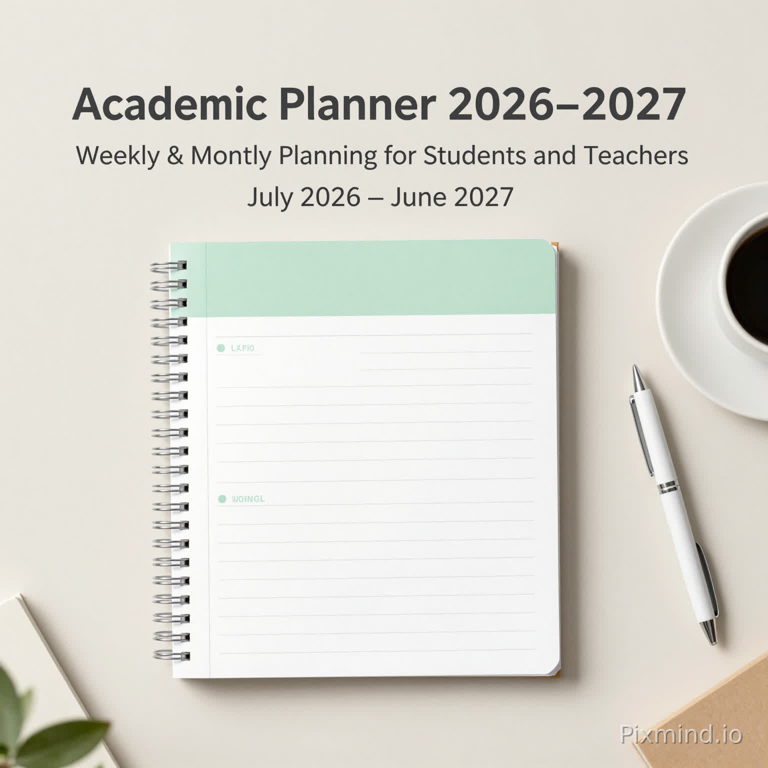 ๐ฆ A+ DESIGN SCRIPT โ Academic Planner 2026โ2027
๐น IMAGE 1 โ HERO BANNER
๐ฏ Goal
Show product identity clearly and build a clean, professional first impression.
๐ผ๏ธ Visual Direction (Prompt)
A minimal, modern workspace scene with a hardcover academic planner placed at the center. Include soft lighting, a clean desk surface, a pen, and subtle study elements like a notebook or coffee cup. Background should be light and uncluttered, with a soft neutral or pastel tone.
๐ Text Overlay
Main Title:
Academic Planner 2026โ2027
Subtitle:
Weekly & Monthly Planning for Students and Teachers
Small Text:
July 2026 โ June 2027
๐ Layout
Top: Title
Center: Product (planner)
Bottom: Subtitle + date range
Keep wide margins
๐จ Color Style
Background: Light green / beige / soft grey
Text: Dark grey
Accent: Soft green