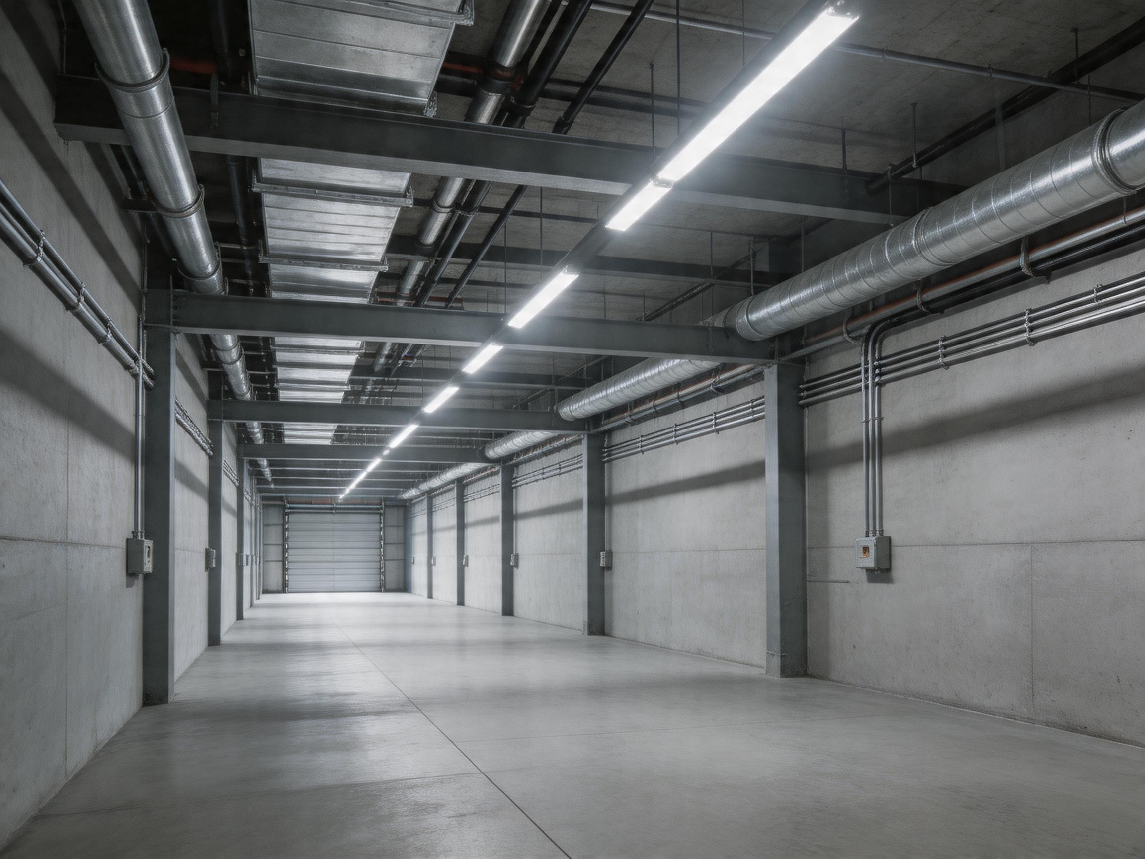 Modern industrial interior with visible mechanical systems, structured lighting, and clean lines. Strong perspective, defined shadows, and depth. Represents operational readiness and technical capability.
