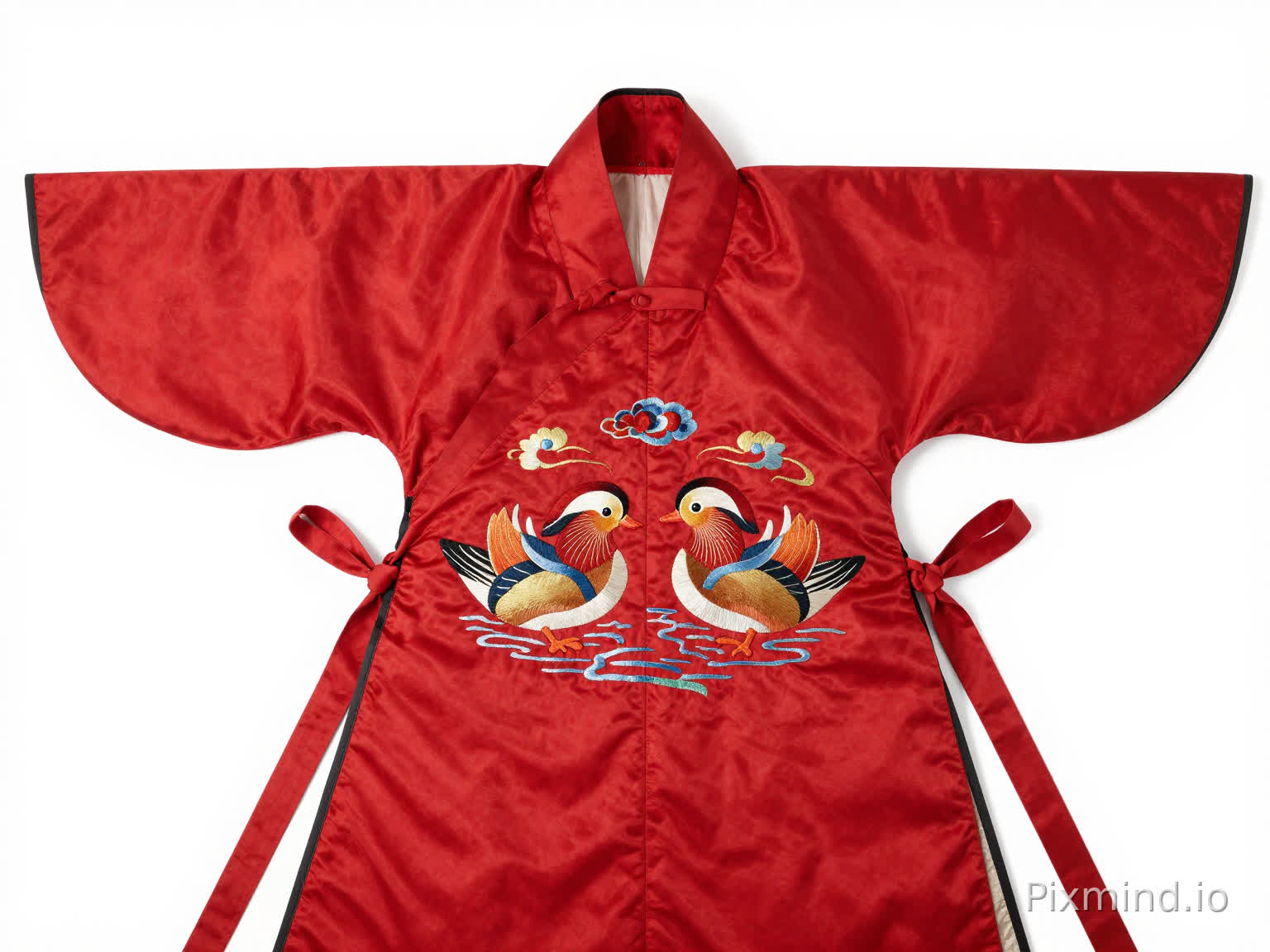 中国明朝风格,大红色,菱形形状,丝绸材质,9成新。宽约40cm,高45cm,厚0.1cm。表面用彩线精绣着一对在水中嬉戏的鸳鸯,图案栩栩如生。顶部有两根红色系带用于挂在脖颈,两侧各有长约30cm的绑带用于系在腰间。布料柔软光滑,边缘用黑色的丝线锁边,是极具私密性的古代女子贴身衣物。白色背景