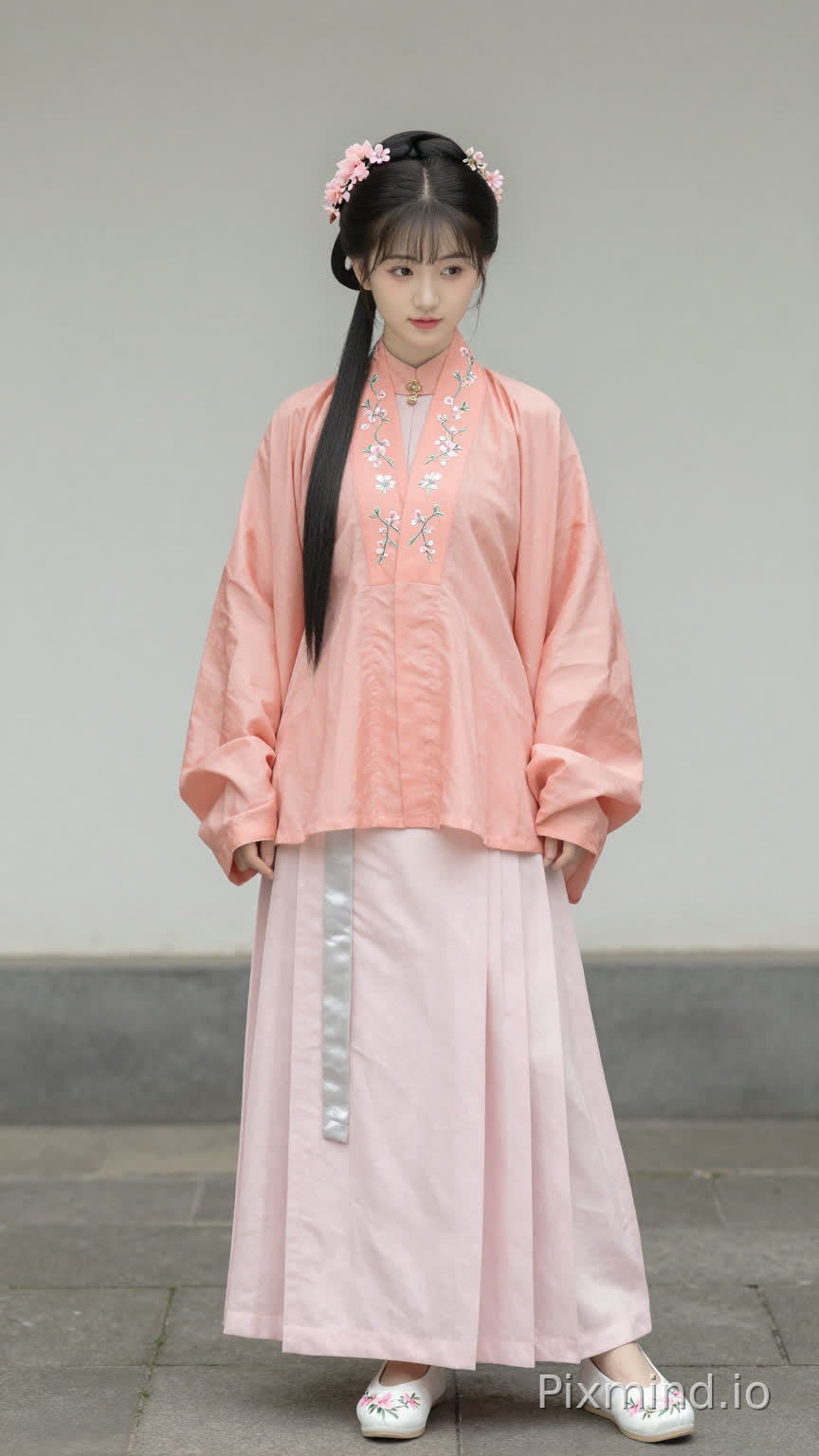 中国明代真实人物,清新温婉的明制汉服,以「立领对襟短袄 + 马面裙」为核心形制,配色柔和雅致,纹样清新灵动,兼具古典感与少女感,写实风格,布料自然,低饱和配色,无现代妆容,柔和自然光,8K,胶片质感,细节真实。中国明朝风格,女,18岁,身高1米63,体重48公斤,面容清秀,黑色长发梳成整齐的垂挂髻,点缀着精致的粉色绢花。上身穿着桃红色的对襟襦裙,衣襟绣着小巧的梅花图案,腰间系着银色丝带。下身穿浅粉色的百褶长裙。脚上穿一双白色的绣花平底鞋,鞋头绣着粉色桃花。整体造型娇俏华丽。