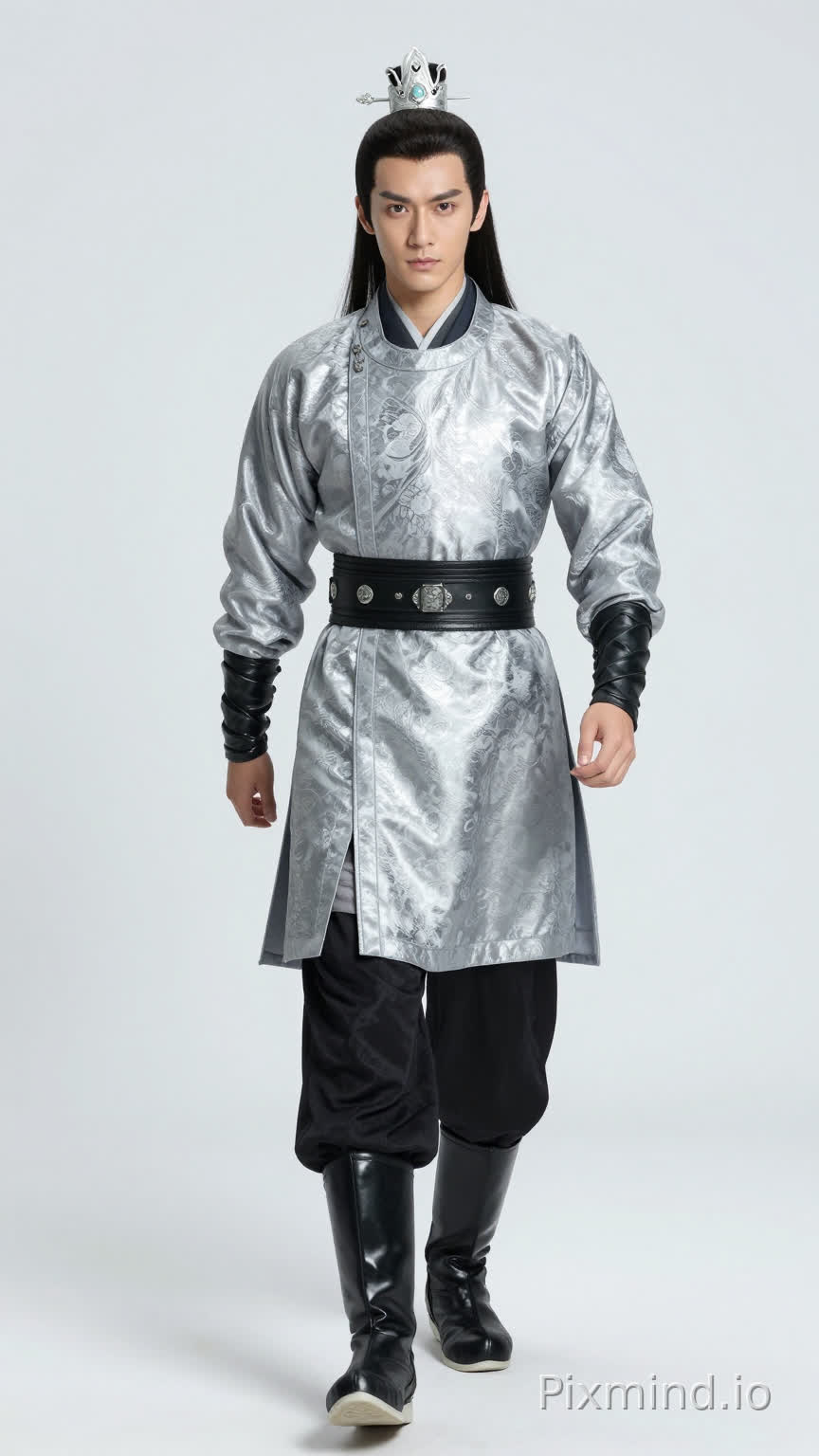 中国明朝风格,男,25岁,身高1米80,体重75公斤,面容刚毅,黑色长发束在头顶戴着银色小冠。上身穿银灰色的锦缎劲装,外罩一层轻薄的软甲,腰间系着黑色皮革宽腰带。下身穿黑色直筒长裤。脚上穿一双黑色的硬底高帮皮靴,靴筒擦得锃亮。整体造型威武挺拔,彰显长公主府的尊贵排场。白色背景,全身正面有鞋,正脸站姿图,人物是前进的步伐姿势的,眼睛正面向前看