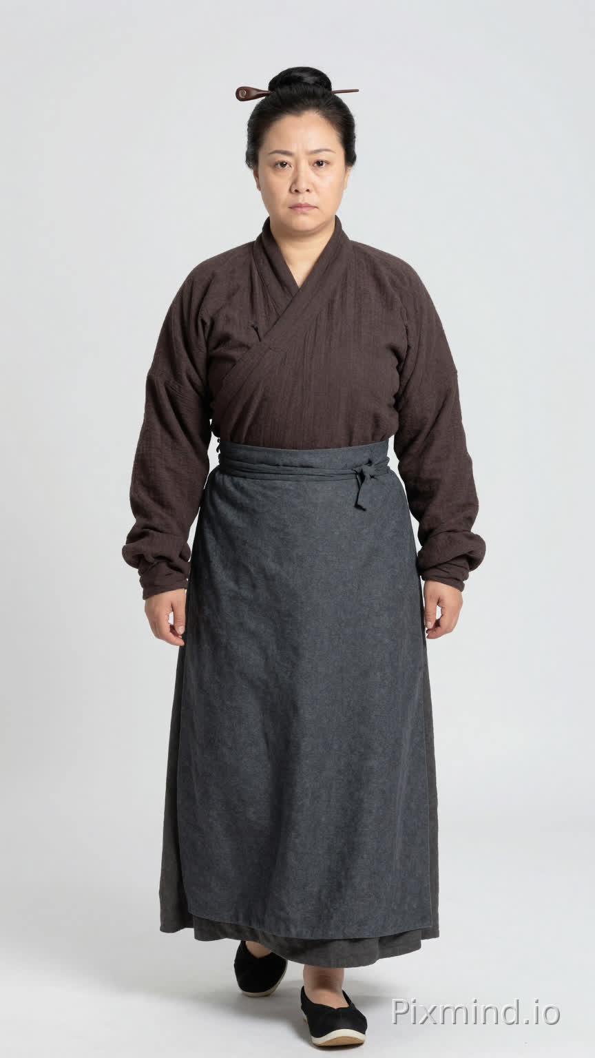 中国明朝风格,女,45岁,身高1米58,体重62公斤,微胖,方脸,面色严厉,黑发梳成紧实低髻,插着深色木簪。上身穿深褐色的对襟短衫,领口紧闭。下身穿深灰色的长裙,系着宽大围裙。脚上穿一双黑色平底粗布鞋,鞋头微圆。整体造型刻板守旧,展现出深宅大院老仆的严谨拘束。白色背景,全身正面有鞋,正脸站姿图,人物是前进的步伐姿势的,眼睛正面向前看