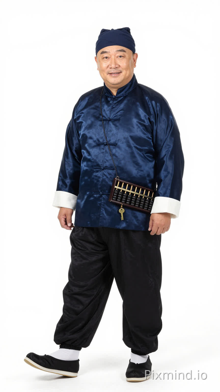 中国明朝风格,男,50岁,身高1米65,体重75公斤,体态微胖,圆脸小眼睛,黑色头发用布巾包裹。上身穿着藏青色的绸缎短马褂,内搭白色中衣,腰间挂着一个算盘和一把铜钥匙。下身穿着宽松的黑色长裤。脚上穿一双黑色缎面平底布鞋,鞋底干净。整体打扮透着精明圆滑的商人气息,和蔼可亲。白色背景,全身正面有鞋,正脸站姿图,人物是前进的步伐姿势的,眼睛正面向前看