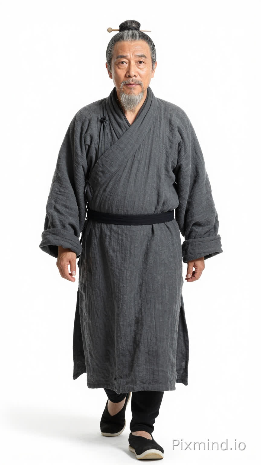 中国明朝,男,55岁,身高1米68,体重60公斤,面容忠厚老实,微微驼背,头发花白,梳成发髻。身穿深灰色粗布长袍,布料有些陈旧但十分干净,腰系一条黑色布带。未戴肩章臂章。双腿未穿丝袜,脚穿黑色软底布鞋,步伐沉稳。整体呈现出一位忠心耿耿的老仆形象。白色背景,全身正面有鞋,正脸站姿图,人物是前进的步伐姿势的,眼睛正面向前看。