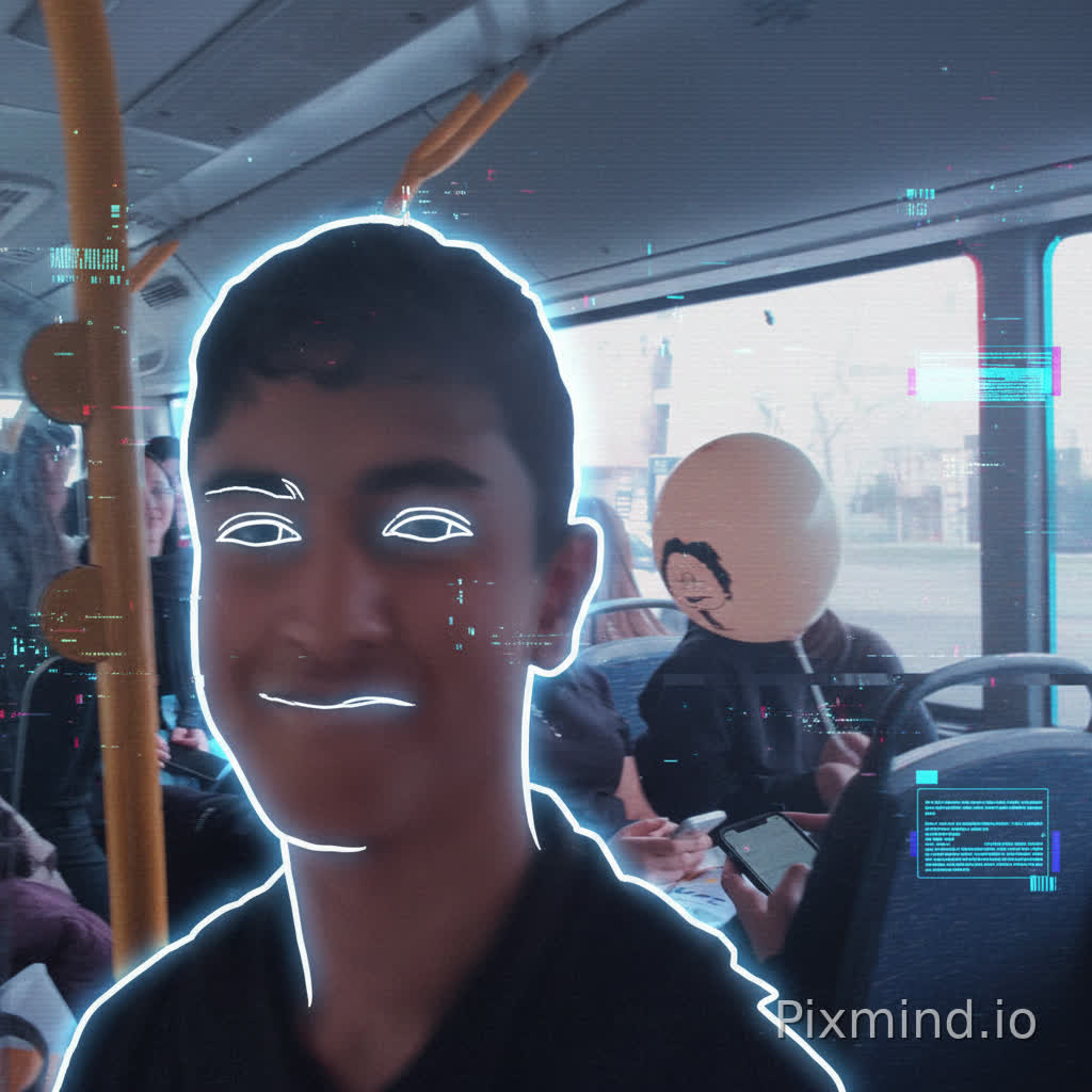 Transform the person from the first image into the style of the second image. Apply a glitchy cyberpunk aesthetic with neon white outlines, blue-toned lighting, VHS distortion, RGB split effects, and high contrast. Keep the same facial features and expression, but make it look like a cinematic, mysterious digital artwork. Ultra detailed, 4K, sharp focus.