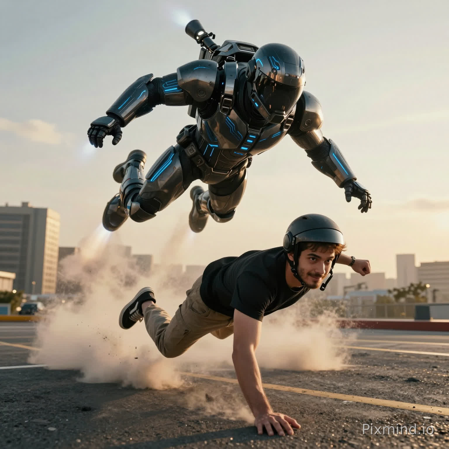 Reference image 1: young man, dark hair, light beard, black tee, beige cargo pants, black Vans. T
his is the main character. Reference image 2: futuristic black and silver exosuit with blue circuit l
ines and full face helmet. This is the armor. Scene: The man leaps from a helicopter door with no parachute. Frantic FPV handheld camera tr
acks him spinning in freefall, city far below, golden hour light. He taps his wrist —
the exosuit from reference image 2 instantly assembles around his body mid- air, blue lines igniting, helmet locking into place, back thrusters firing. He rockets downward in c
ontrol. Street level: he slams into asphalt, one knee down, fist on ground, dust shockwave explod
ing outward. Slow dolly-in to helmet. Visor retracts. He looks at camera and smiles. Style: IMAX blockbuster action. Fast handheld cuts during freefall, slow motion on landing and
helmet reveal. Golden hour city. High contrast cinematic.