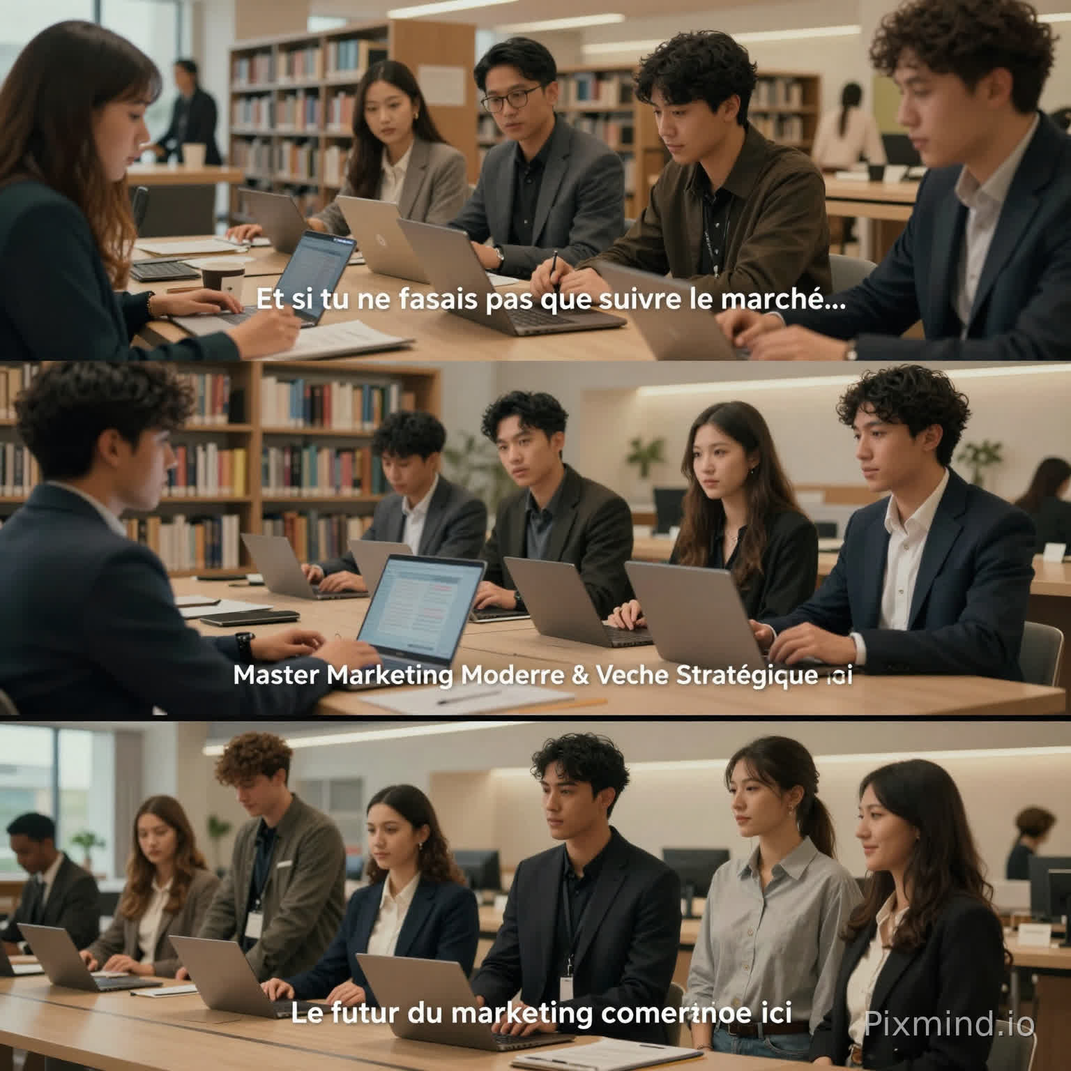 A cinematic teaser video set in a modern university library. Confident marketing students working on laptops, analyzing data, discussing strategy, creative brainstorming sessions. Close-up shots of focused faces, teamwork, ambition, leadership. Elegant and premium atmosphere, soft cinematic lighting, warm tones, depth of field.
Dynamic camera movements: slow motion, tracking shots, smooth transitions.
Text overlays in French appearing smoothly:
“Et si tu ne faisais pas que suivre le marché…”
“Mais que tu apprenais à l’anticiper et l’influencer ?”
“Master Marketing Moderne & Veille Stratégique”
“Le futur du marketing commence ici”
Final scene: a group of confident students standing together in a modern university space, looking forward with ambition.
Style: luxury brand commercial, inspirational, modern, minimal, high-end
Mood: ambitious, visionary, intelligent, confident
🎧 Audio prompt (si Seedance te le permet)
Inspirational cinematic music, soft build-up, emotional and powerful, similar to luxury brand ads.
⚙️ Réglages recommandés :
Format : 9:16 (TikTok / Reels)
Durée : 10–12 secondes
Style strength : high
Motion : medium / smooth no distortion, clean hands, professional quality, no glitches”