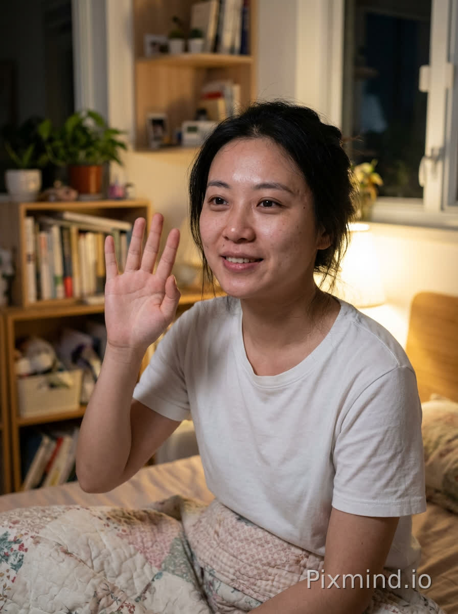 年轻中国女性,25–30 岁人物形象必须强烈、严格参考提供的参考图(reference image)脸型、五官比例、眉眼结构、鼻子与嘴唇形态高度一致,不要生成陌生面孔不要偏离参考图人物不要网红脸。自然清透淡妆风格,底妆轻薄保留真实肤质不过度磨皮,妆容以裸色系为主淡眉自然野生感睫毛纤细不浓密唇色偏润自然气色,长发自然披散略微凌乱不对称整体写实真实像生活中真实存在的人而非精致模特。
自然真实写实人像,中近景特写,人物面部占比大增强亲密交流感,表情放松不刻意带轻微情绪,眼神自然不一直直视镜头略带游离,右手对着镜头轻轻挥手打招呼,呈现真实聊天状态,长发自然披散略微凌乱有几缕垂落脸侧或锁骨位置,妆容极淡接近素颜无明显修饰,皮肤保留真实质感有毛孔轻微黑眼圈与细小瑕疵不过度磨皮无滤镜,穿着白色T恤休闲自然,背景为现代居家书房浅色墙面搭配植物装饰画木质书架陈列书籍粉色鲜花与绿植桌面有电脑与学习工具,空间整洁带轻微生活感自然光柔和明亮氛围温暖真实。
镜头位于人物正前方与人物眼睛同一高度正面构图(frontal shot)非自拍画面中不出现相机或手机。
背景为现代居家书房场景但呈现真实生活状态不过度整理,浅色墙面搭配植物装饰画略有不齐带使用痕迹,木质书架陈列书籍、粉色鲜花与绿植摆放自然不刻意对称,桌面有笔记本电脑与学习工具略带生活杂感但不凌乱整体有长期使用感非样板间,空间整洁中带真实痕迹色调偏中性真实不做风格化调色不过度滤镜不过分科技感,光线以自然光为主柔和明亮但允许轻微不均与阴影符合真实室内照明不刻意补光,构图为胸部以上或中近景脸部细节清晰背景轻微虚化保留空间呼吸感,整体风格写实纪录感偏生活影像允许不完美非商业广告非棚拍呈现真实自然的日常氛围
no table visibleno camera visibleno selfie angleno beauty filterno overly perfect skinno overly perfect lightingraw realismintimate proximityimperfect beautyfemale authenticityquiet, real nighttime bedroom atmosphere
