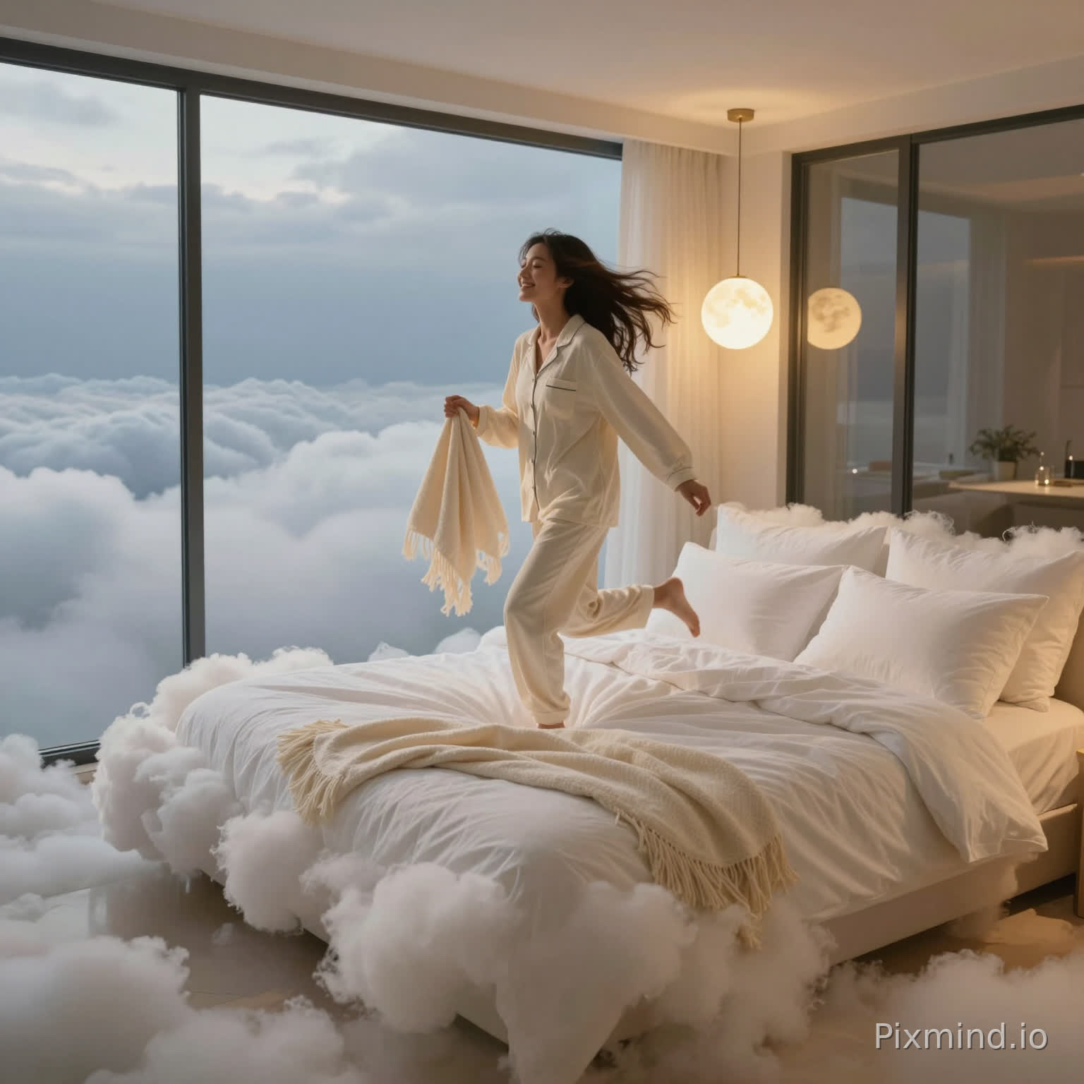 A young American woman with natural flowing hair, wearing a soft oversized cream pajama set, walks gracefully into the floating cloud bedroom through the glass doorway. She pauses briefly to glance at the sea of clouds drifting outside the glass walls, a soft smile on her face. She then takes a short running leap and lands playfully onto the giant cloud-shaped bed, sinking into the fluffy white linen. She laughs softly, grabs the cream fringe blanket from the foot of the bed, and pulls it snugly over herself, nestling into the cloud pillows with her eyes closing peacefully. The moon pendant lamp glows warmly above her. Camera: slow cinematic zoom-in starting from a wide panoramic shot, gradually pushing toward the bed as she settles in. Clouds drift gently outside. Warm golden ambient light. Mood: dreamy, cozy, weightless. 8K, 16:9, cinematic soft-light filter.