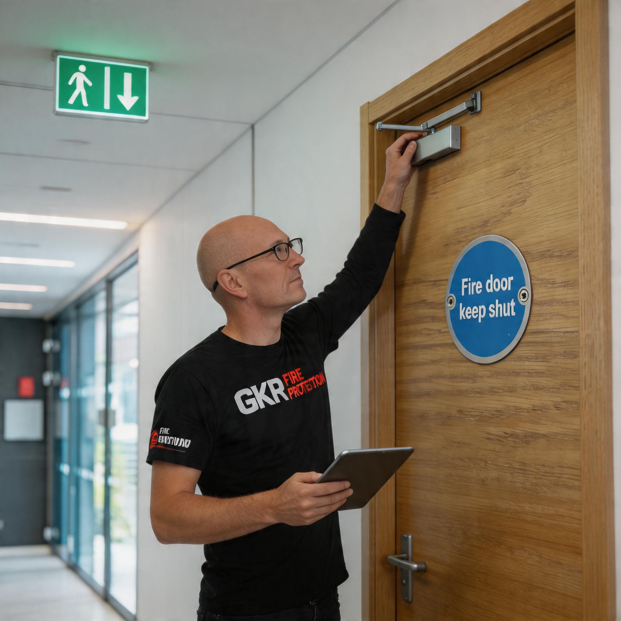create a new image based on these reference images. the fire door should be visible in a long corridor with the fire alarm visible on the wall beside it. a man should be inspecting the fire door and holding a tablet. the man should be wearing a black t-shirt with the gkr fire protection logo on the sleeve