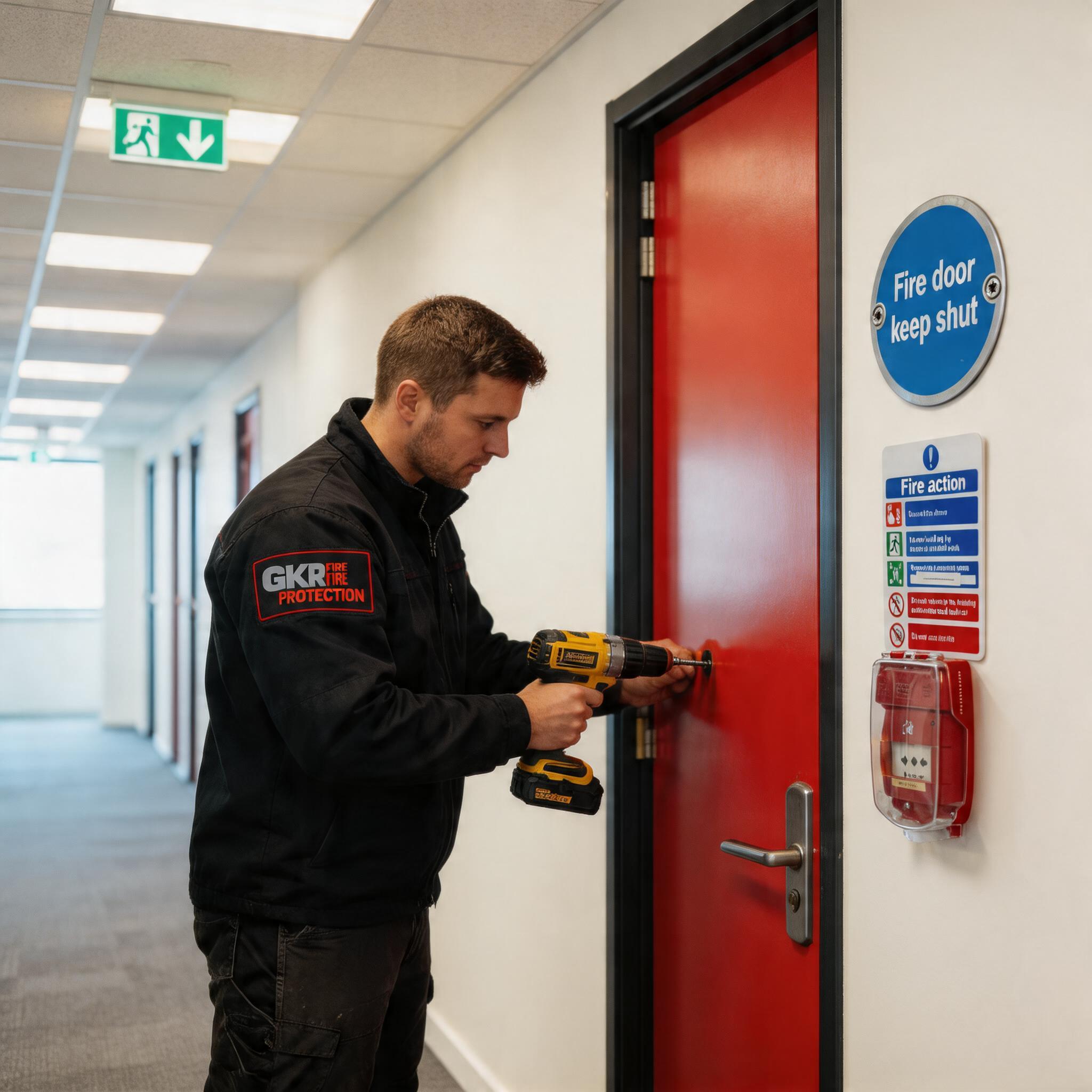 create a new image based on these reference images. the fire door should be visible in a long corridor with the fire alarm visible on the wall beside it. the "fire door keep shut" sign should be small. a man should beinstalling the fire door. the man should be wearing a black top with one small gkr fire protection logo on the sleeve only. the logo should be on the shoulder of the sleeve and should be the full logo. the fire alarm on the wall must be visible