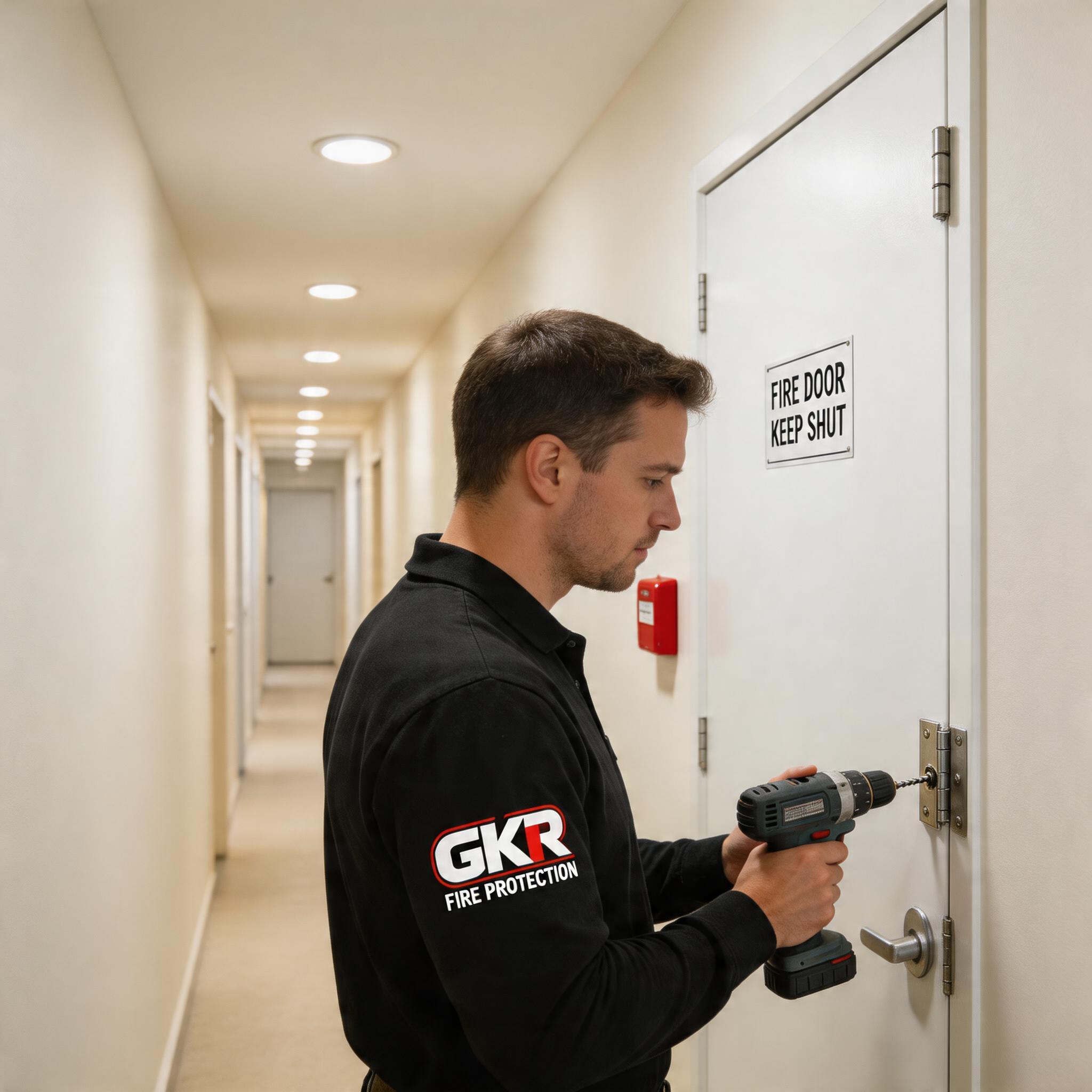 create a new image based on these reference images. the fire door should be visible in a long corridor with the fire alarm visible on the wall beside it. the "fire door keep shut" sign should be small and must be on the door. a man should beinstalling the fire door and holding the drill towards the door hinges. the man should be wearing a black top with one small gkr fire protection logo on the sleeve only. the logo should be on the shoulder of the sleeve and should be the full logo. the logo must be accurate to the reference image. tho logo does not have a border around it. the fire alarm on the wall must be visible