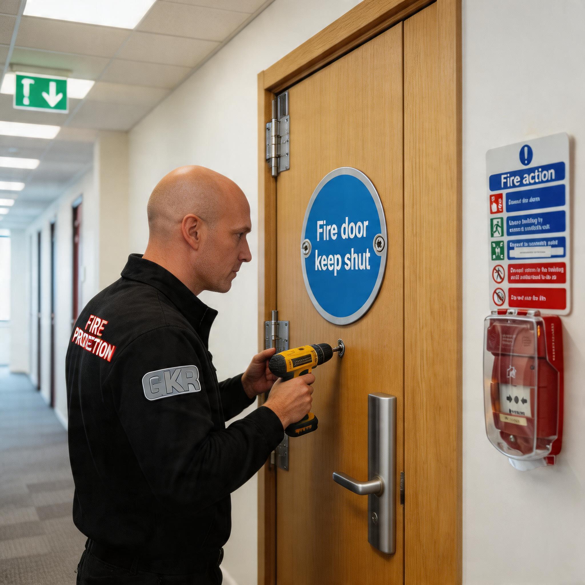 create a new image based on these reference images. the fire door should be visible in a long corridor with the fire alarm visible on the wall beside it. the "fire door keep shut" sign should be small and accurate to the reference images and must be on the door. a man should be installing the fire door and holding the drill towards the door hinges, which are on the opposite side to the door handle. the man should be wearing a black top with one small gkr fire protection logo on the sleeve only. the logo should be on the shoulder of the sleeve and should be the full logo. the logo must be accurate to the reference image. tho logo does not have a border around it. the fire alarm on the wall must be visible