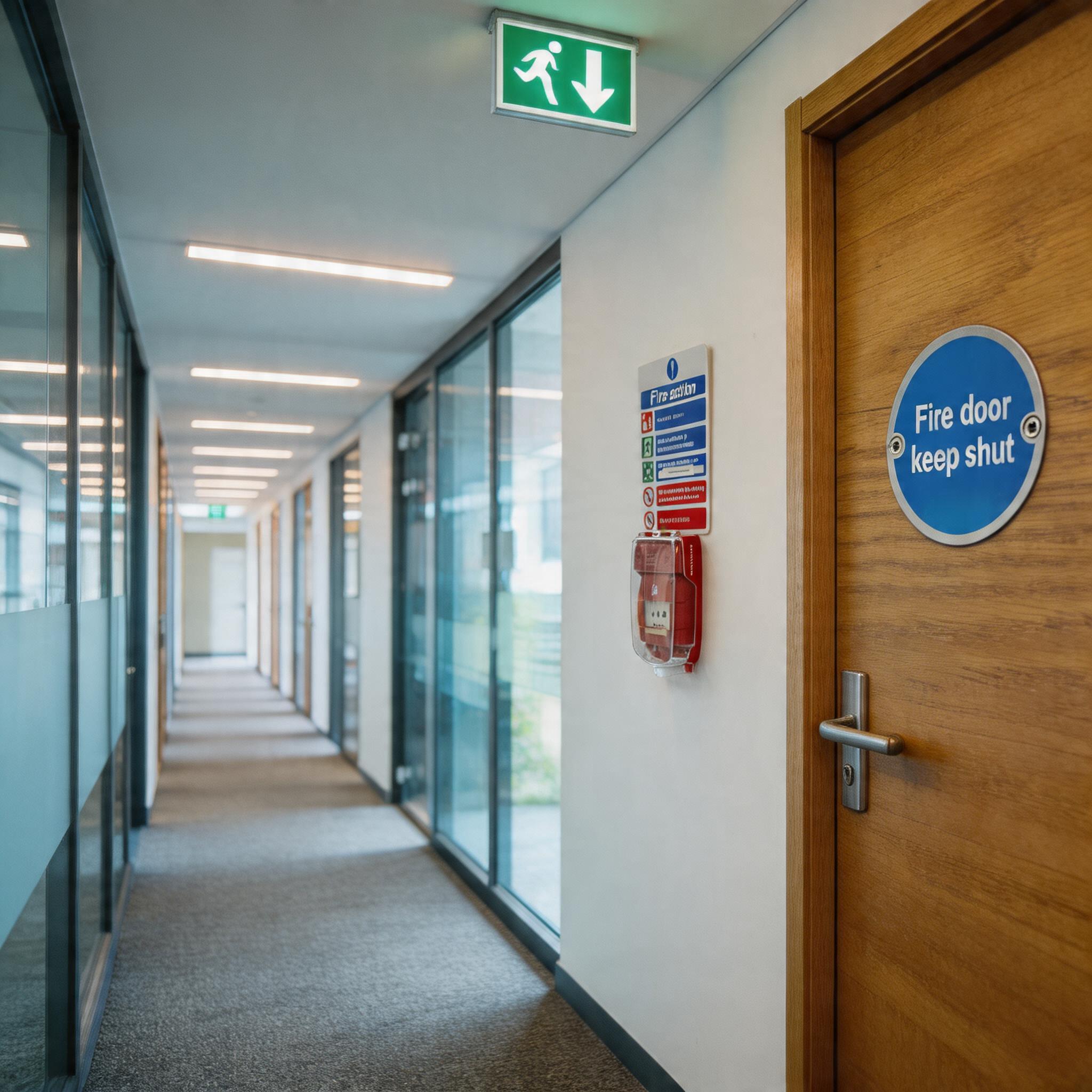 create a new image based on these reference images. the fire door should be visible in a long corridor with the fire alarm visible on the wall beside it.