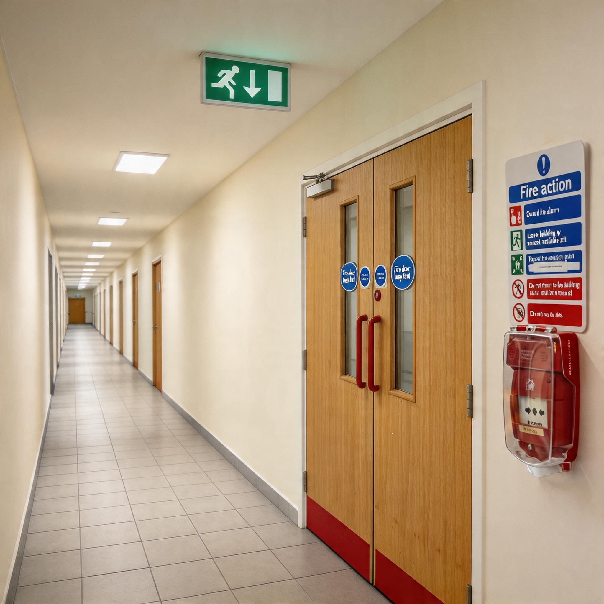 create a new image based on these reference images. the fire door should be visible in a long corridor with the fire alarm visible on the wall beside it.