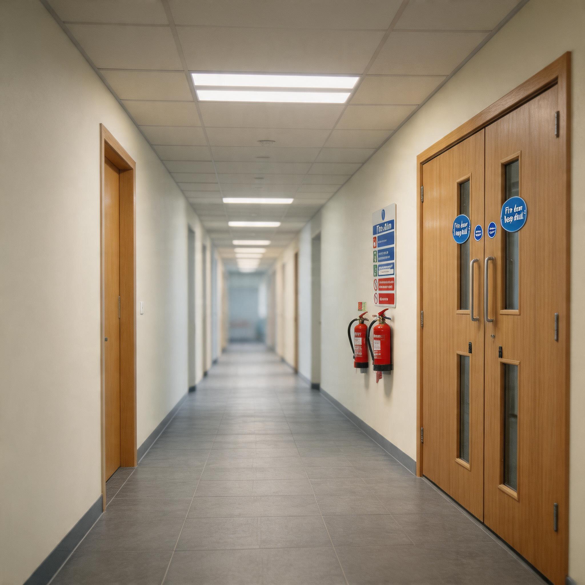 create a new image based on these reference images. the fire door should be visible in a long corridor with the fire alarm visible on the wall beside it.