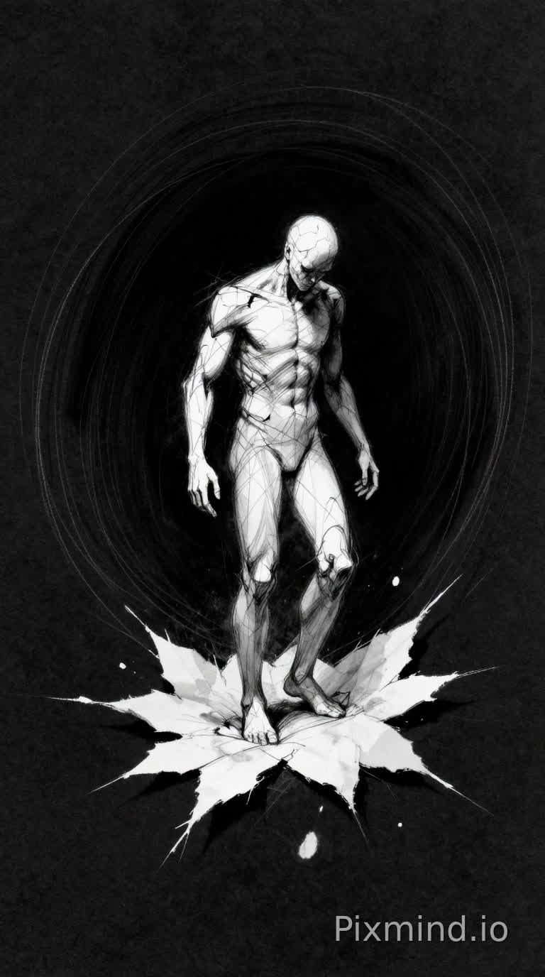 Monochrome graphite nightmare, black void, rough paper grain, high contrast. In the center, a fragile unfinished human figure made of trembling sketch lines, partially dissolving, partially forming, standing on a violent white paper tear. Head down, body tense and unstable, as if on the edge of inner collapse. The tear looks raw and fibrous, like the surface of reality has split open beneath him. Dark circular graphite strokes bend inward from all sides, pressing the figure. Minimal, oppressive, cinematic, unsettling, raw charcoal drawing, no color, no polish, no decorative elements, no watermark. no color, no glossy CGI, no clean digital art, no fantasy armor, no extra objects, no background details, no text, no watermark, no cartoon, no anime, no beautiful decorative lighting, no heroic pose